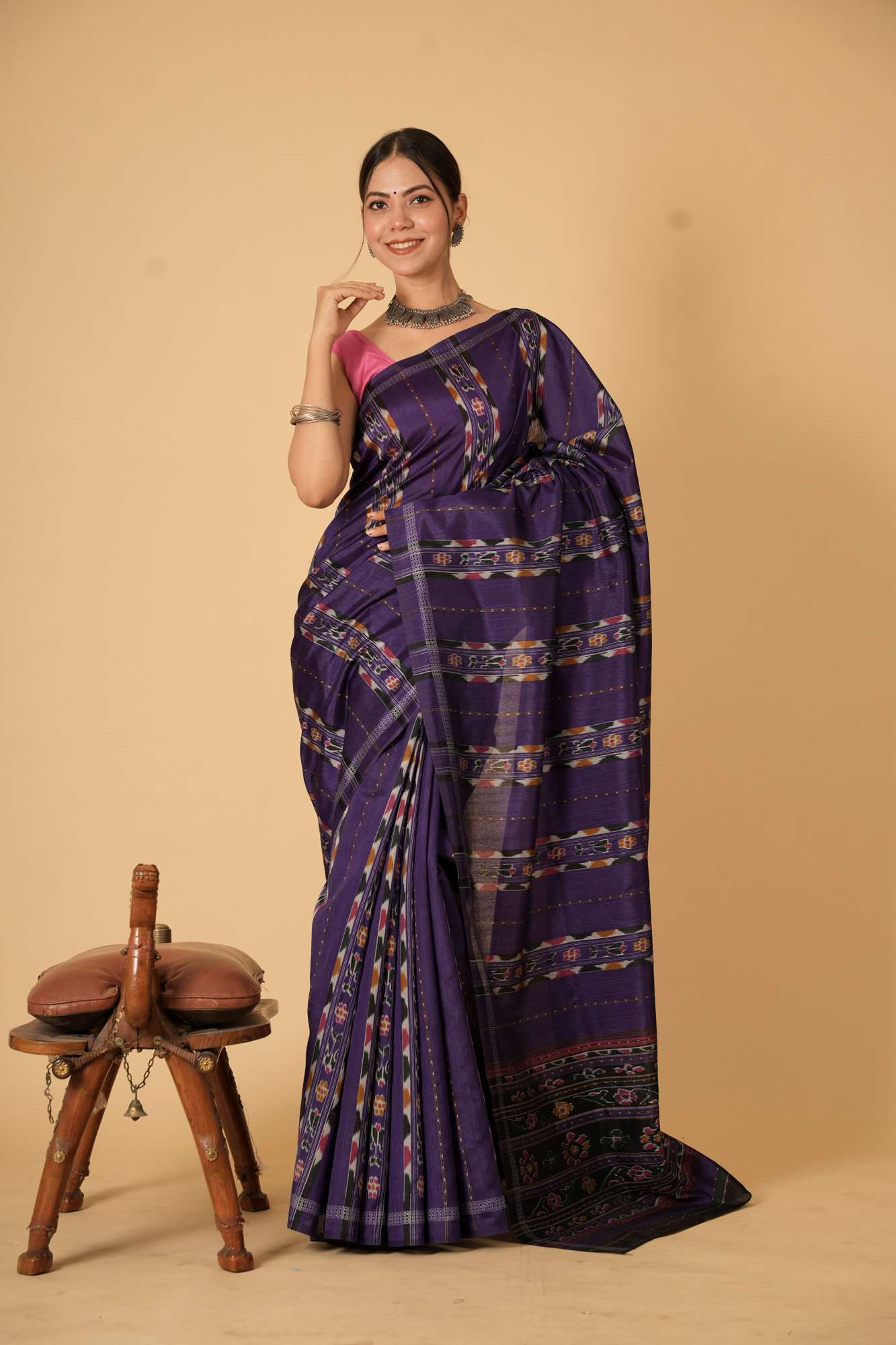Purple Bhagalpuri Silk with Intricate Multicolor Patterns Ready To Wear Saree