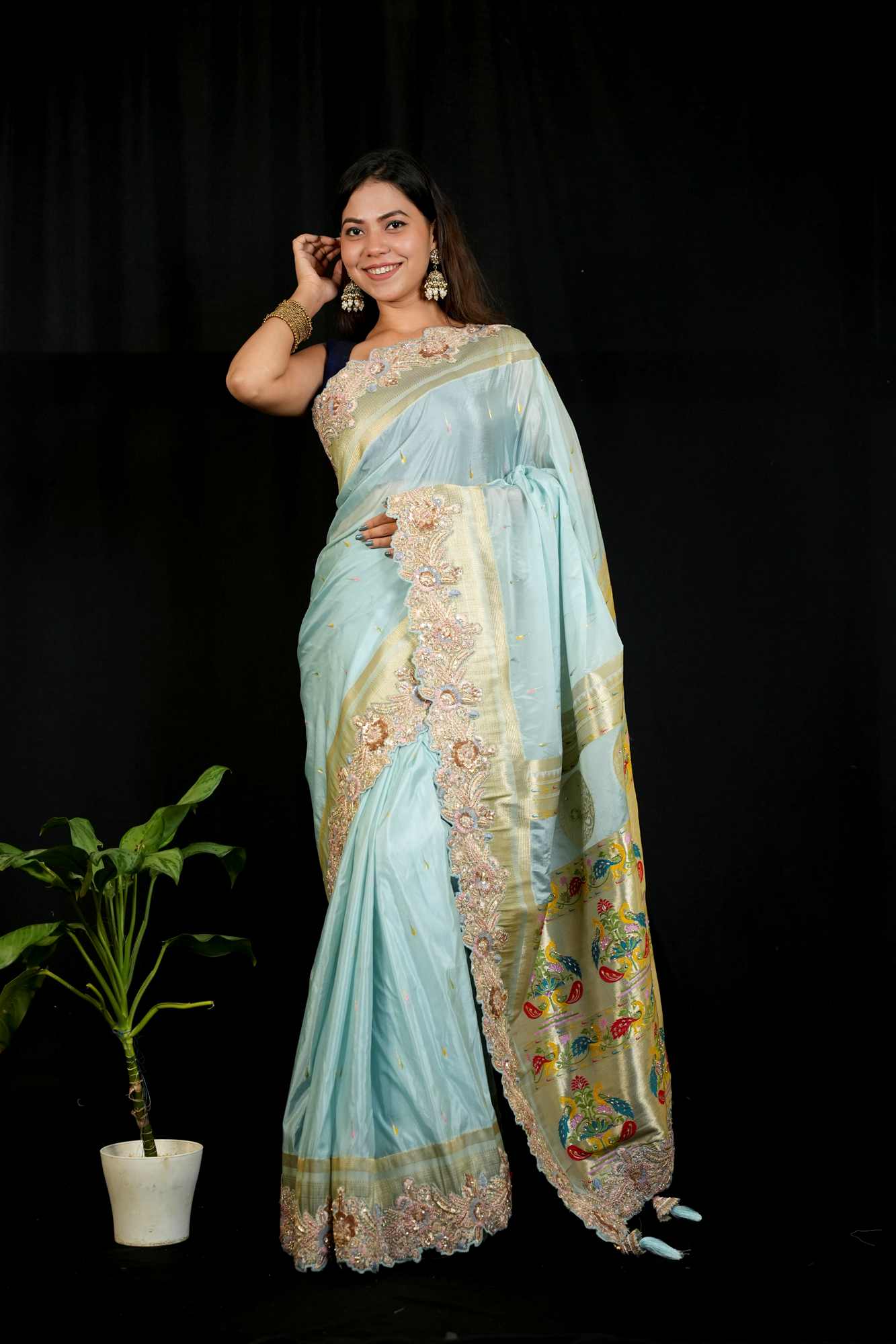 Exquisite Premium Satin Silk with Detail Resham Embroidery & Paithani Pallu Ready To Wear Saree