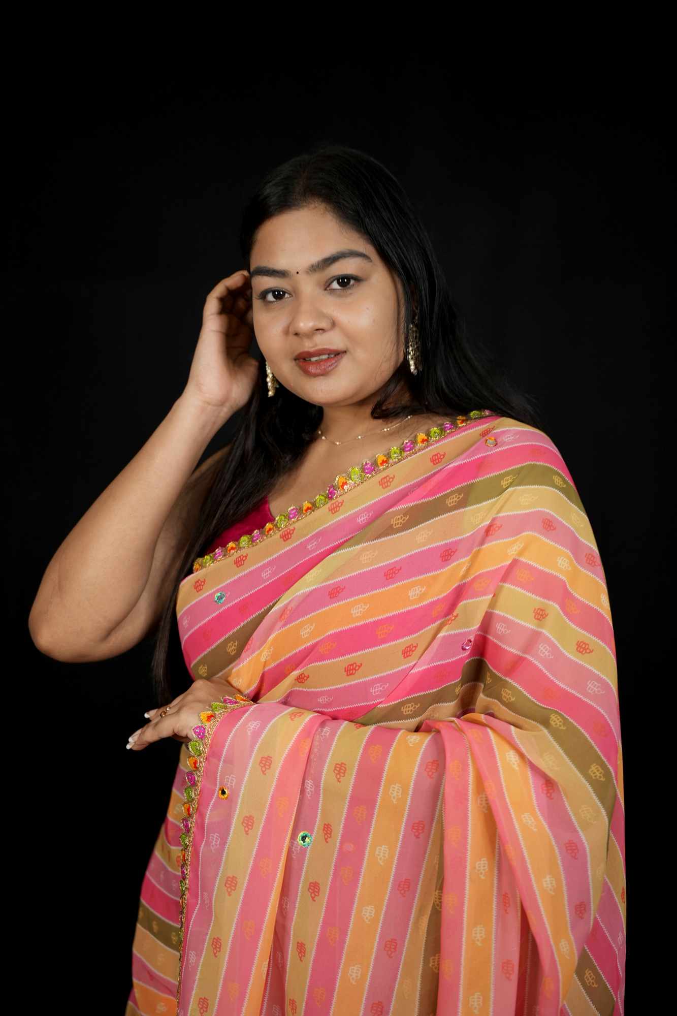 Multicolor Georgette Striped with Gota Patti Work & Tassel Ready To Wear Saree