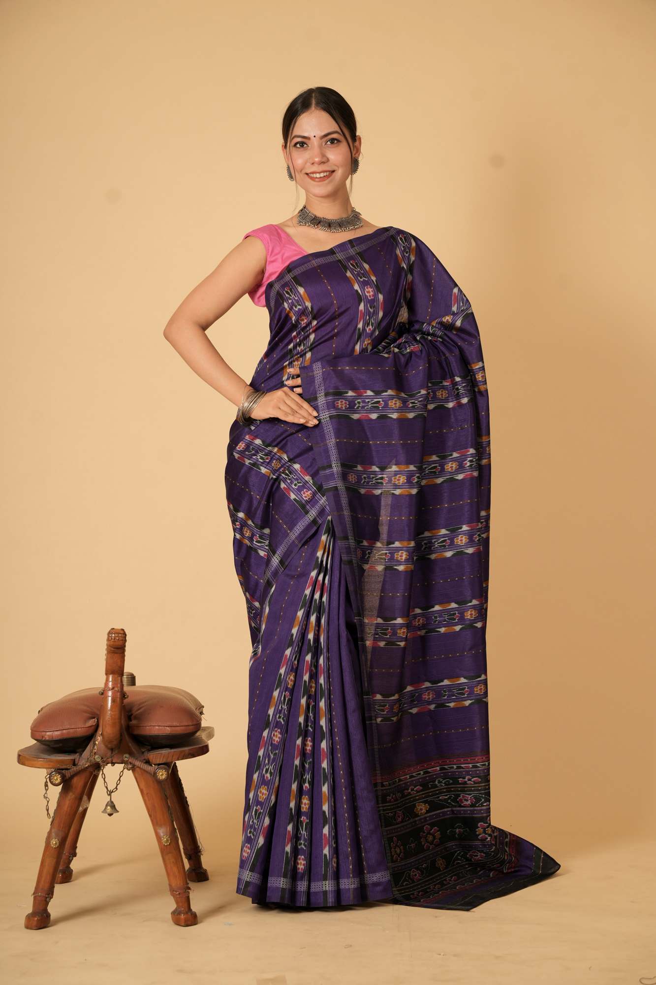Purple Bhagalpuri Silk with Intricate Multicolor Patterns Ready To Wear Saree