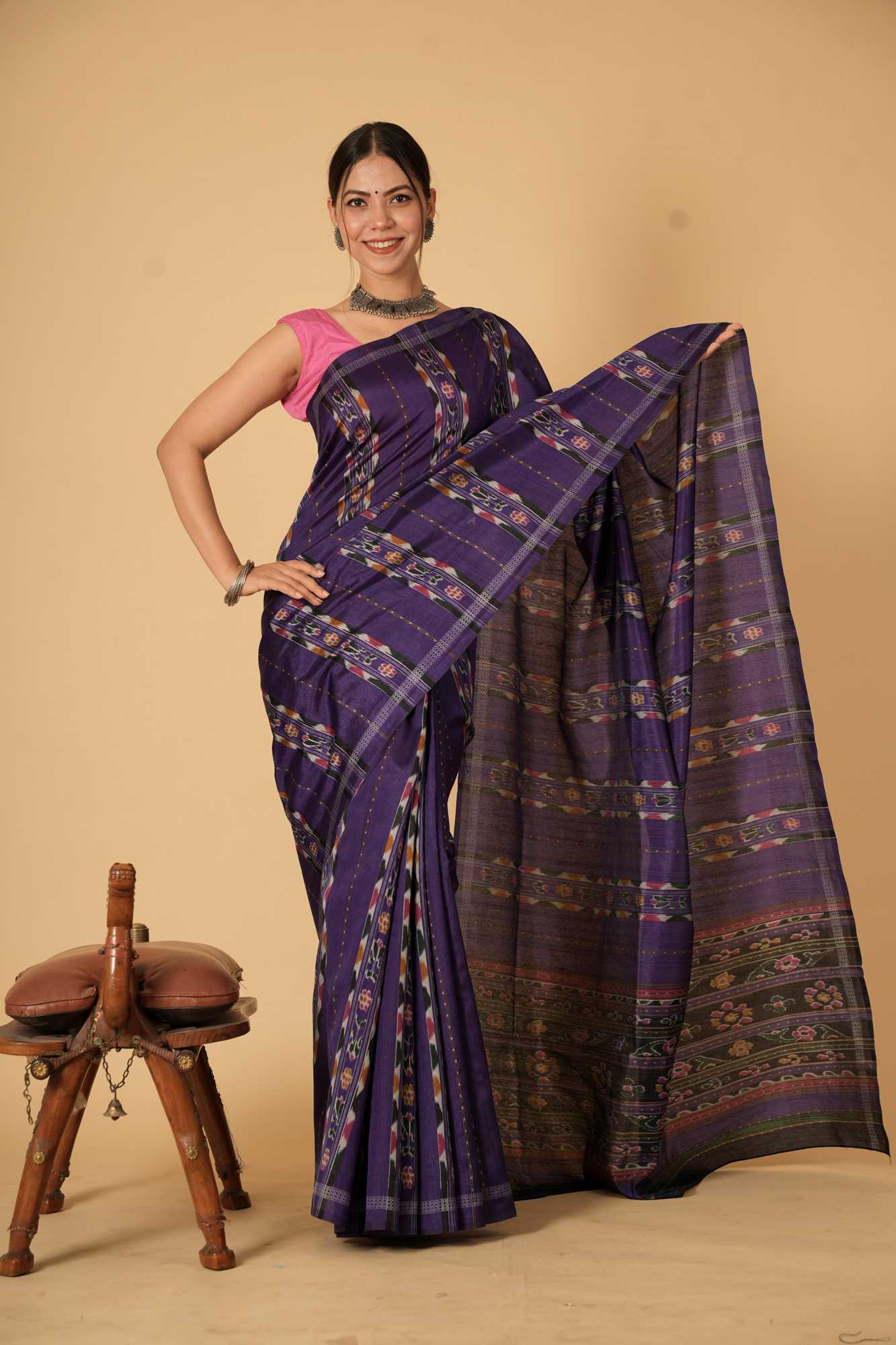 Purple Bhagalpuri Silk with Intricate Multicolor Patterns Ready To Wear Saree