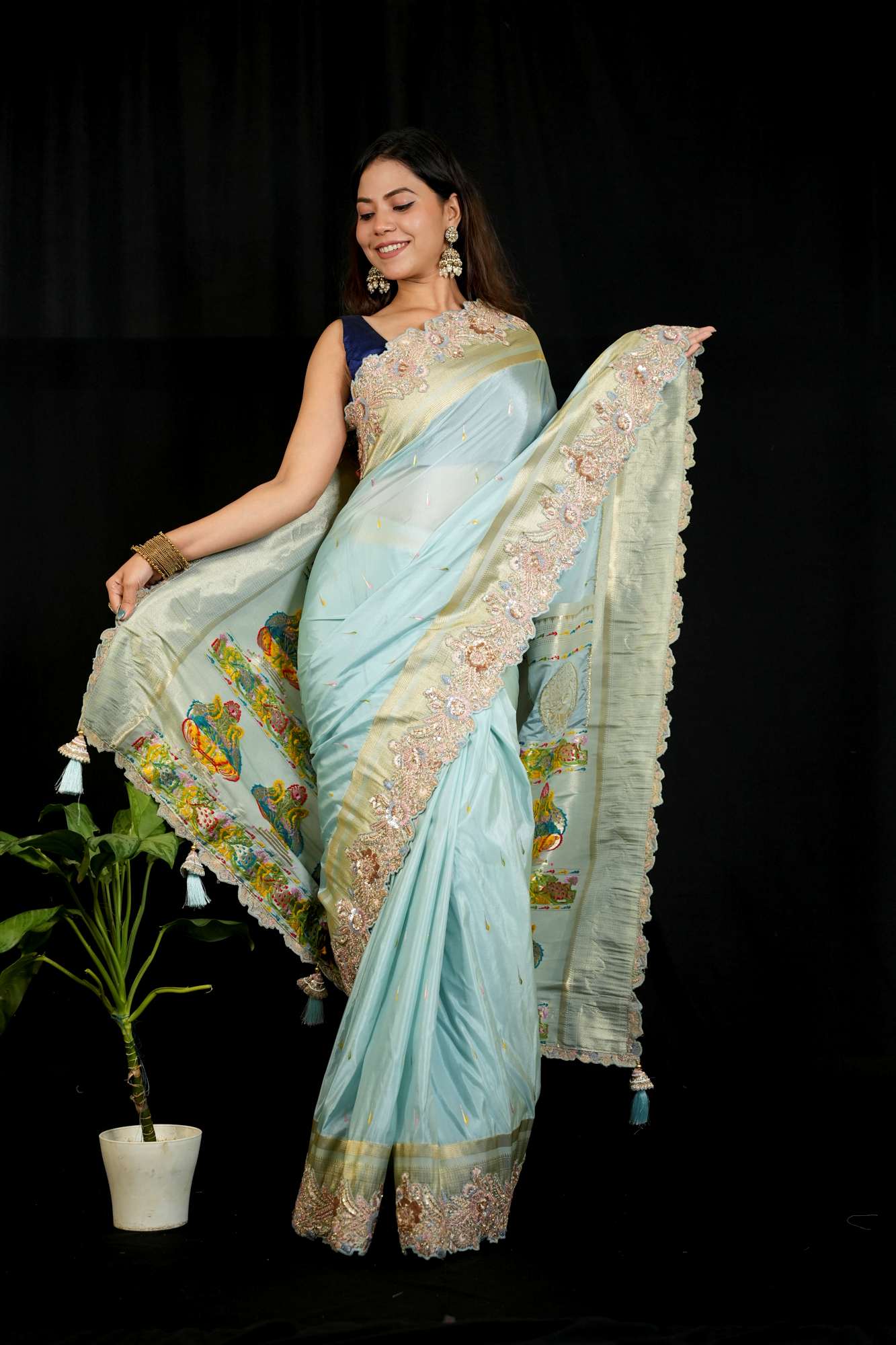 Exquisite Premium Satin Silk with Detail Resham Embroidery & Paithani Pallu Ready To Wear Saree