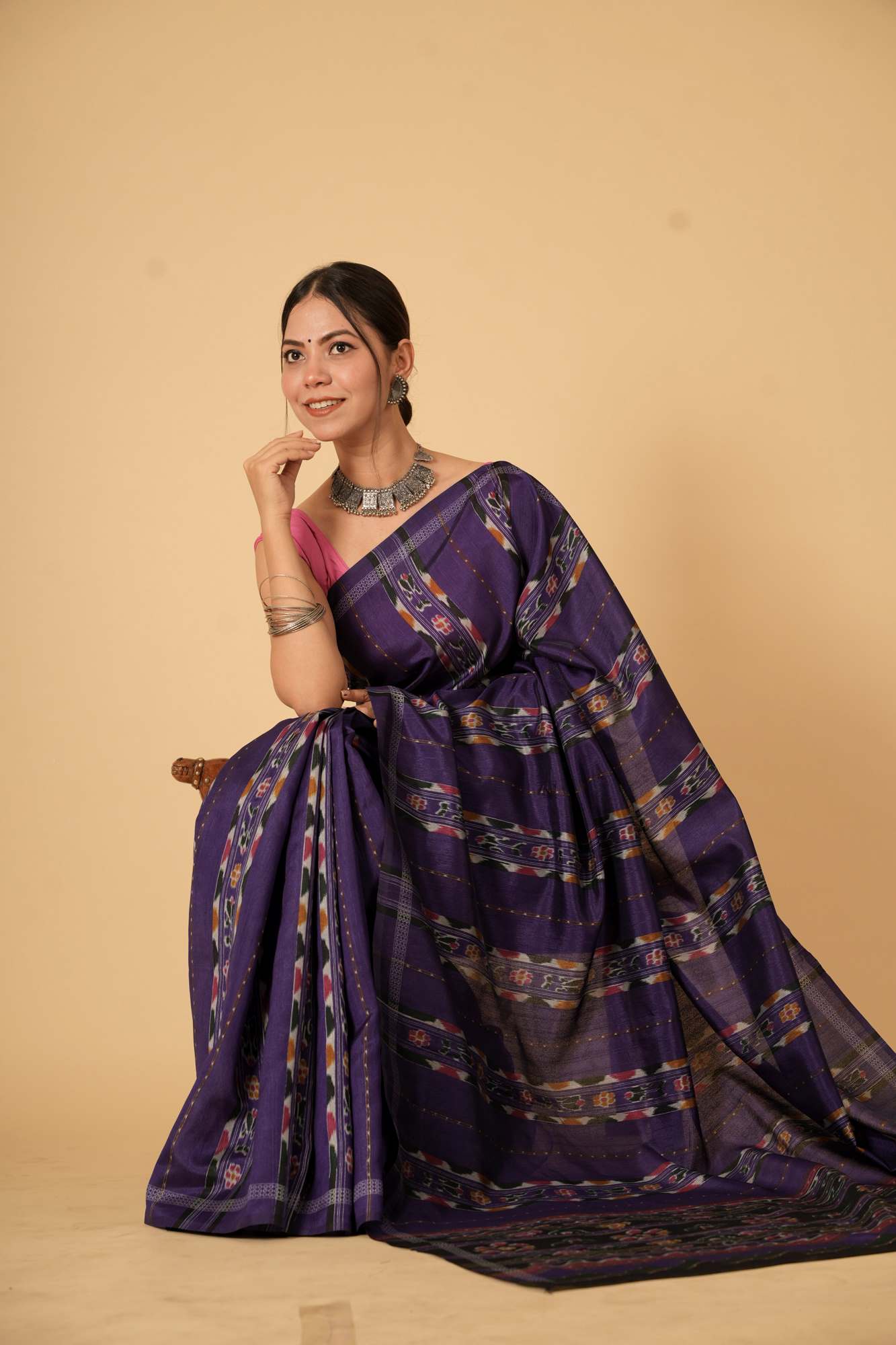 Purple Bhagalpuri Silk with Intricate Multicolor Patterns Ready To Wear Saree