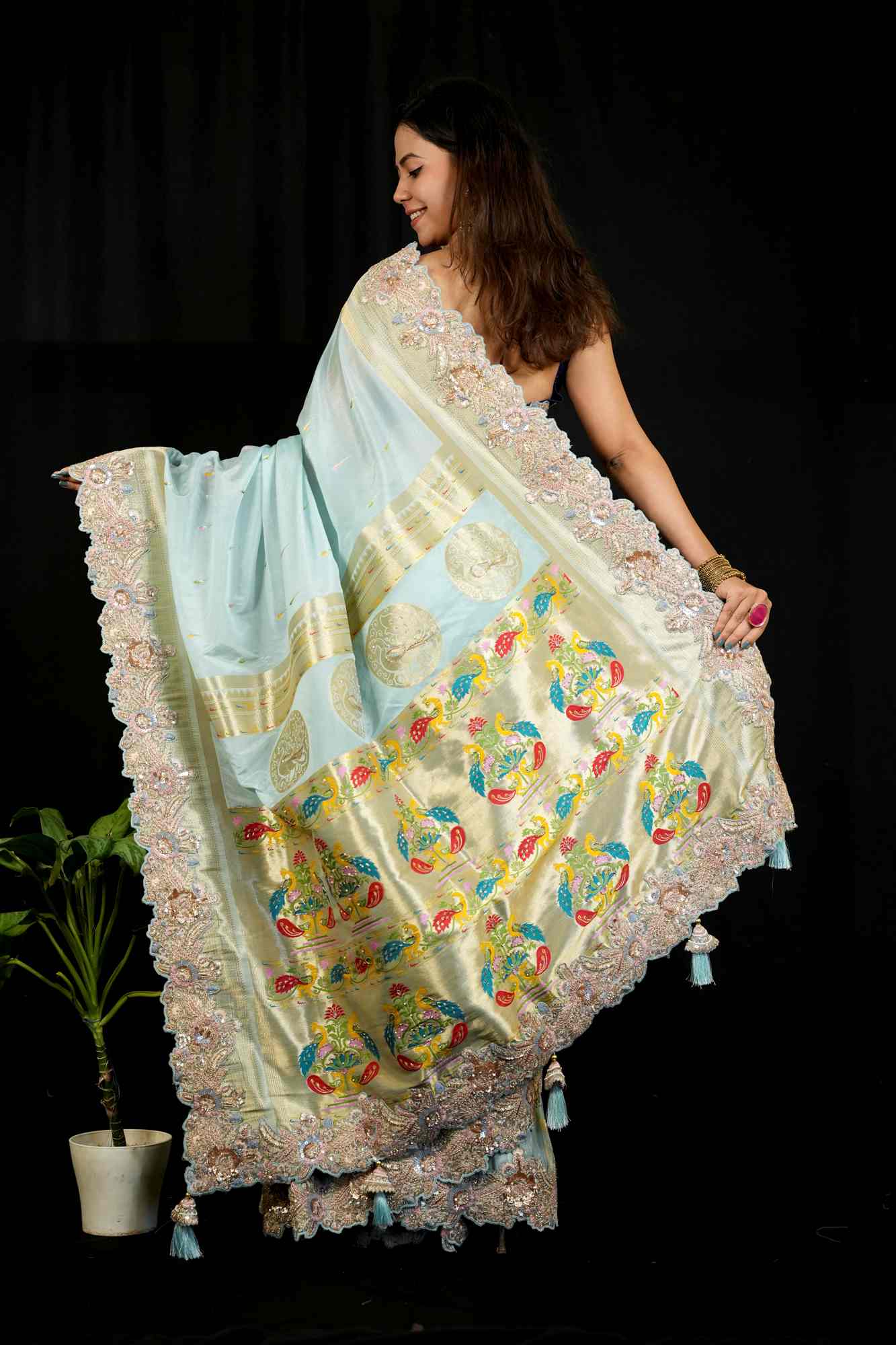 Exquisite Premium Satin Silk with Detail Resham Embroidery & Paithani Pallu Ready To Wear Saree