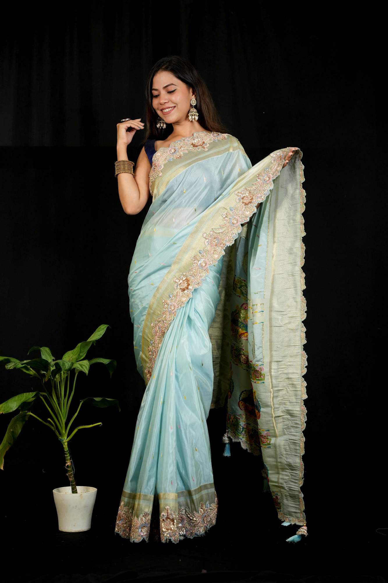 Exquisite Premium Satin Silk with Detail Resham Embroidery & Paithani Pallu Ready To Wear Saree