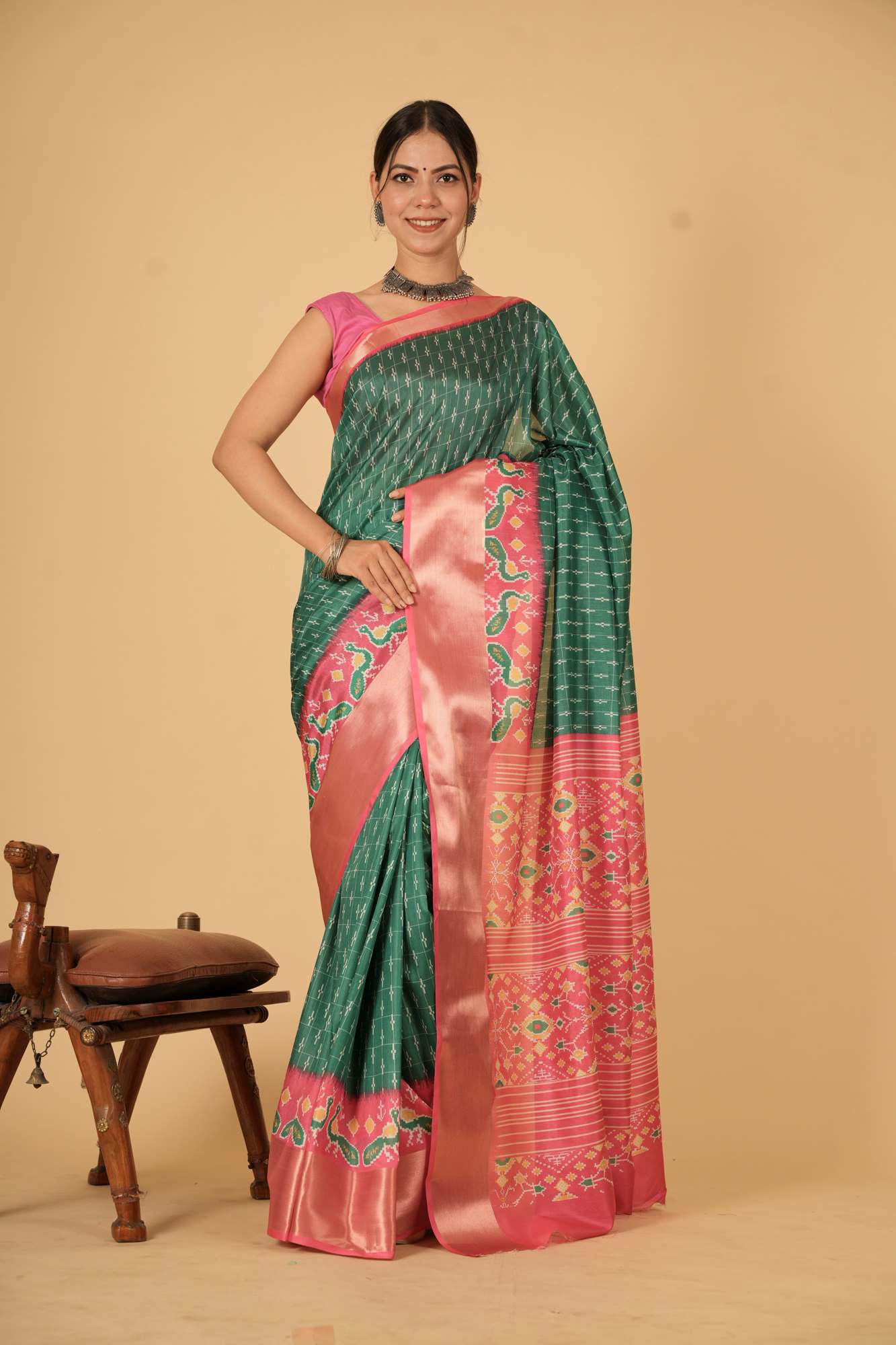 Vibrant Green and Pink inpired Silk with Geometric and Floral Patterns Ready To Wear Saree