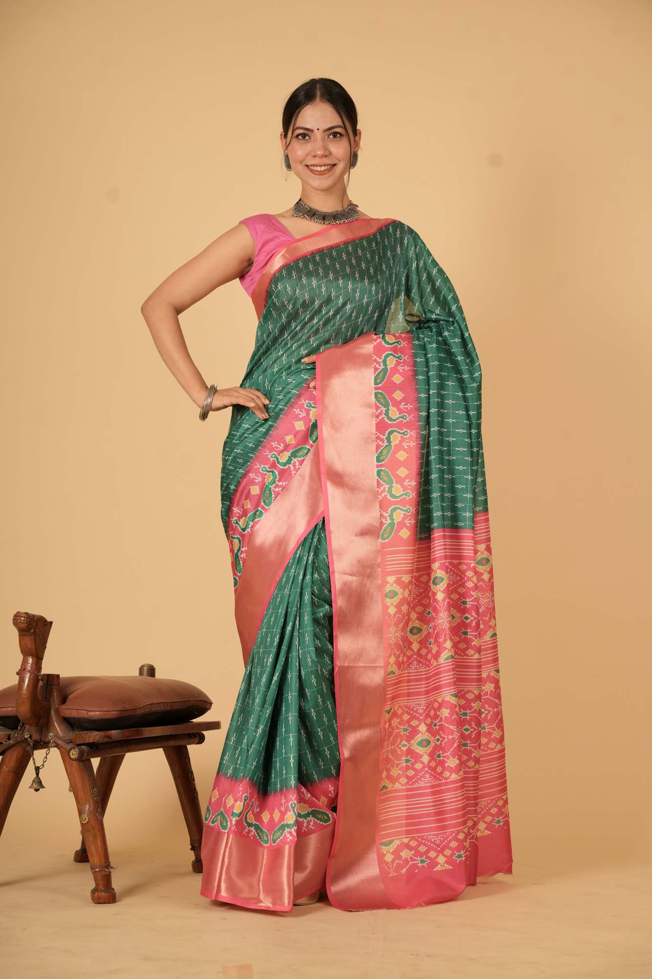Vibrant Green and Pink inpired Silk with Geometric and Floral Patterns Ready To Wear Saree