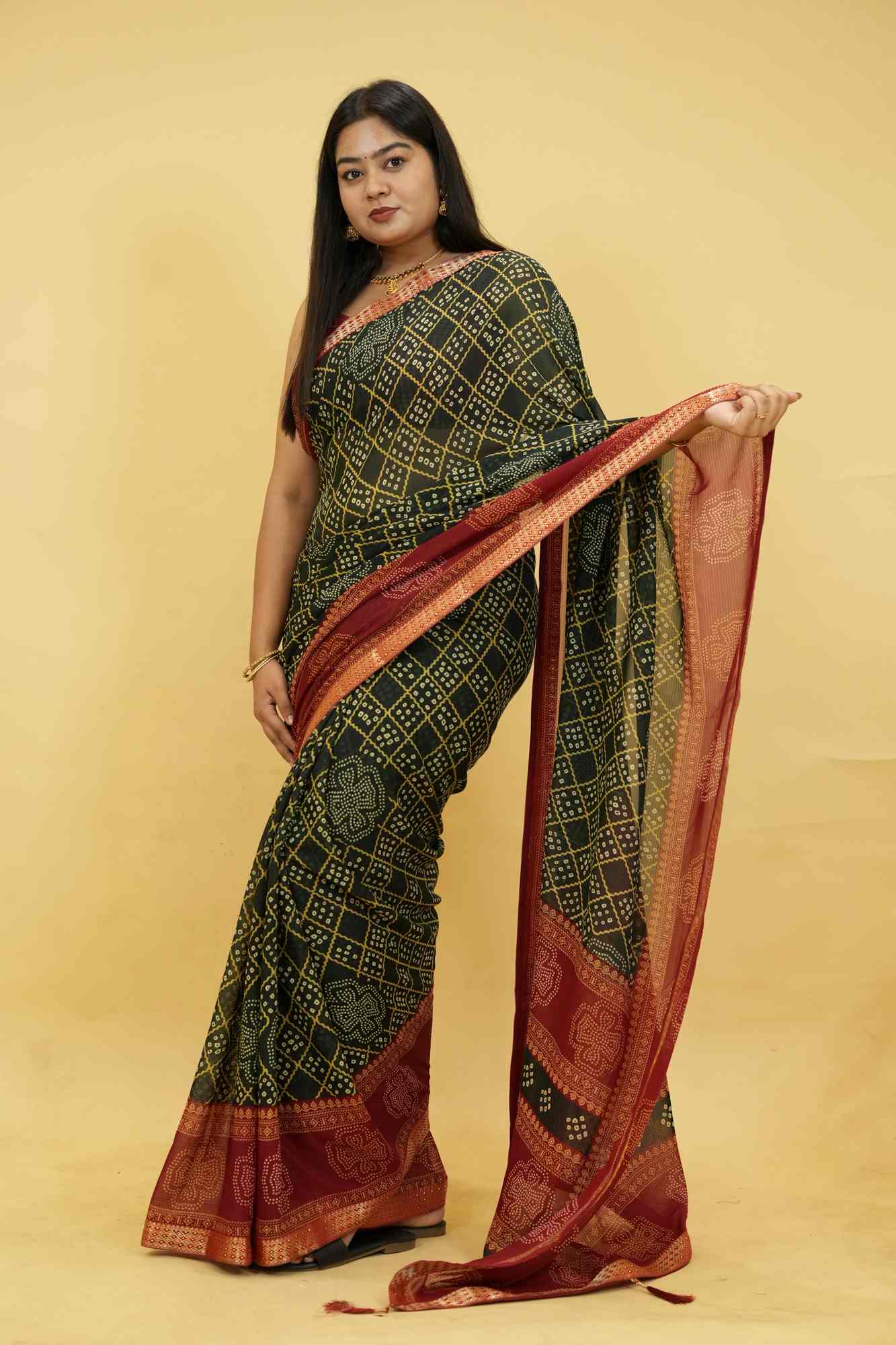 Dark Green Bandhani Print Georgette with Zari Border Ready To Wear Saree