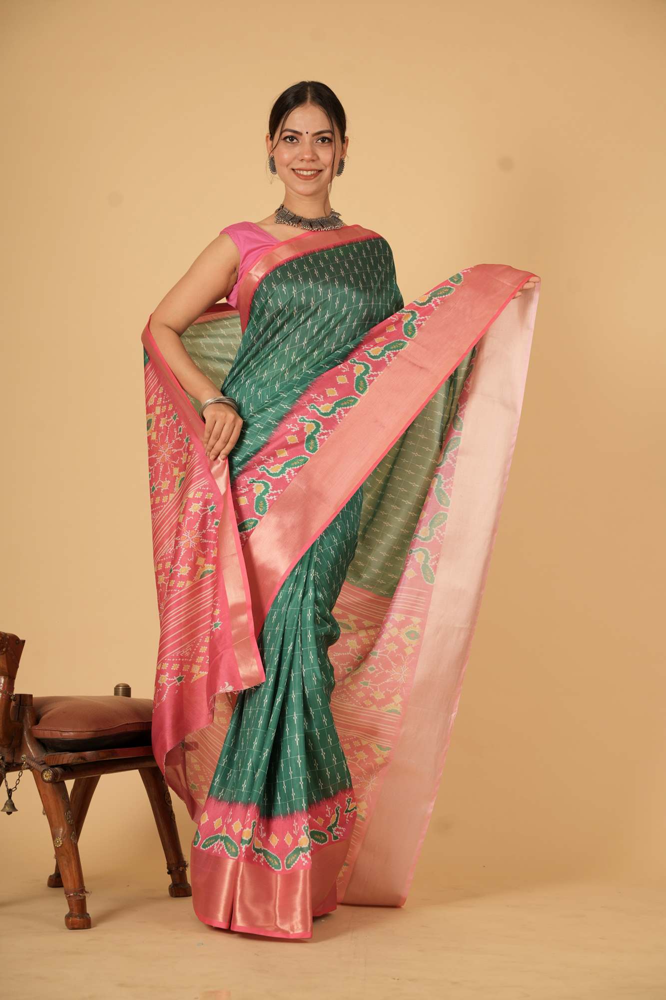 Vibrant Green and Pink inpired Silk with Geometric and Floral Patterns Ready To Wear Saree