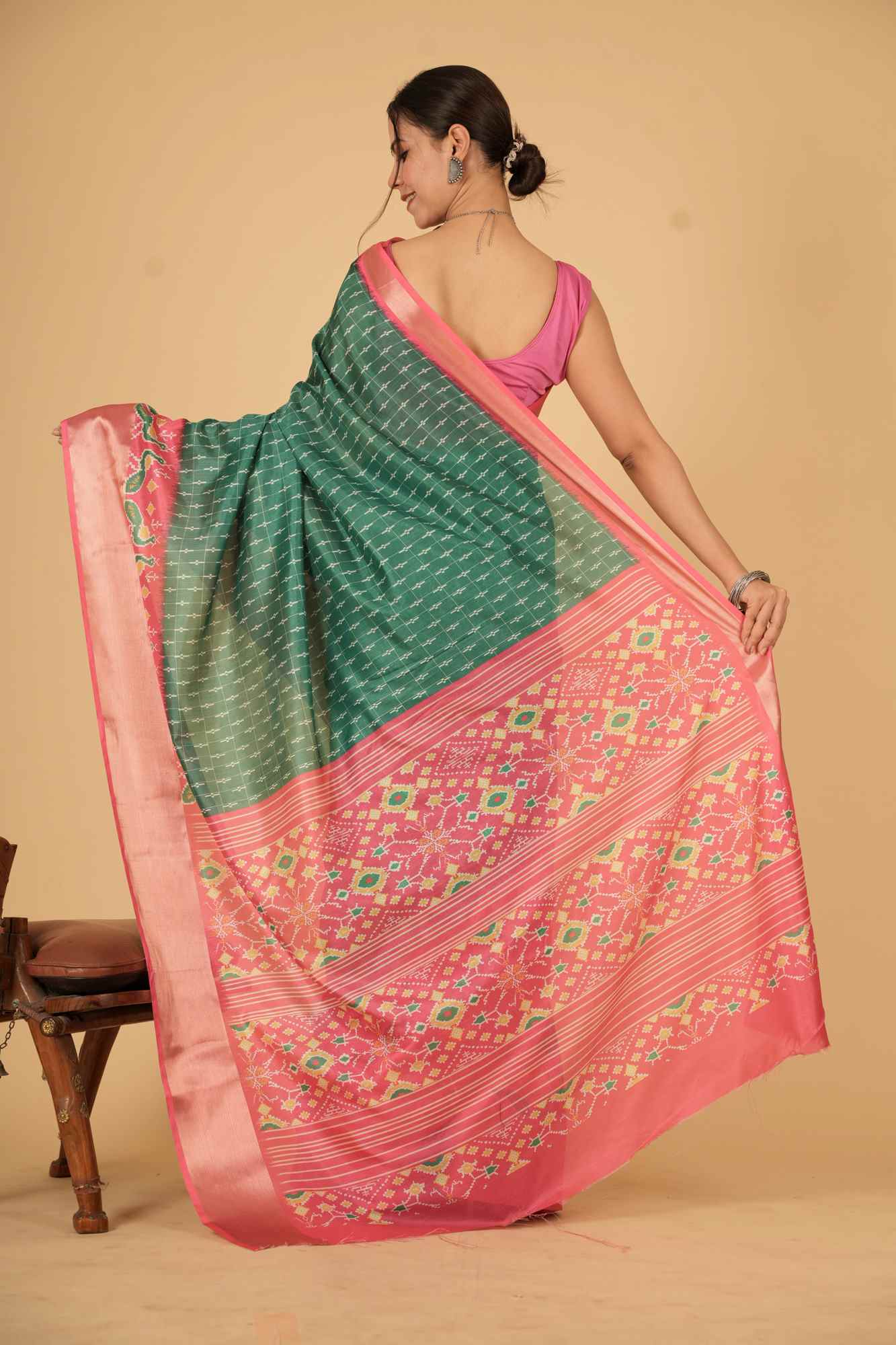 Vibrant Green and Pink inpired Silk with Geometric and Floral Patterns Ready To Wear Saree