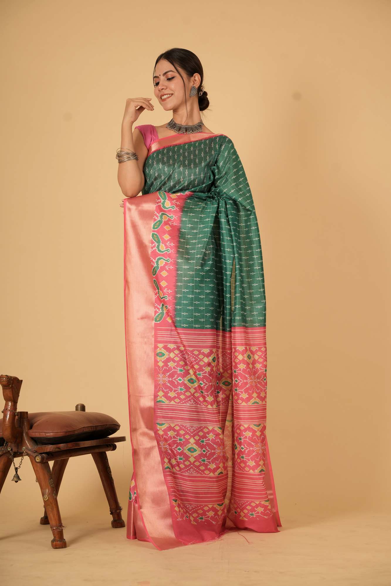Vibrant Green and Pink inpired Silk with Geometric and Floral Patterns Ready To Wear Saree