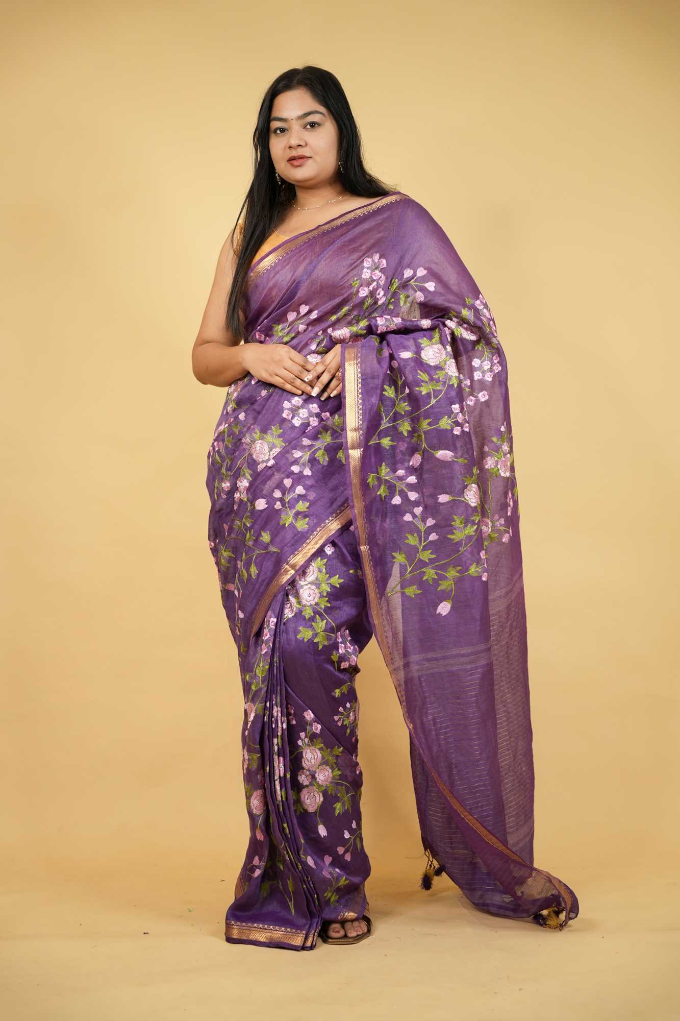 Linen Silk with Floral Embroidery & Golden Mangalgiri Zari Border Ready To Wear Saree