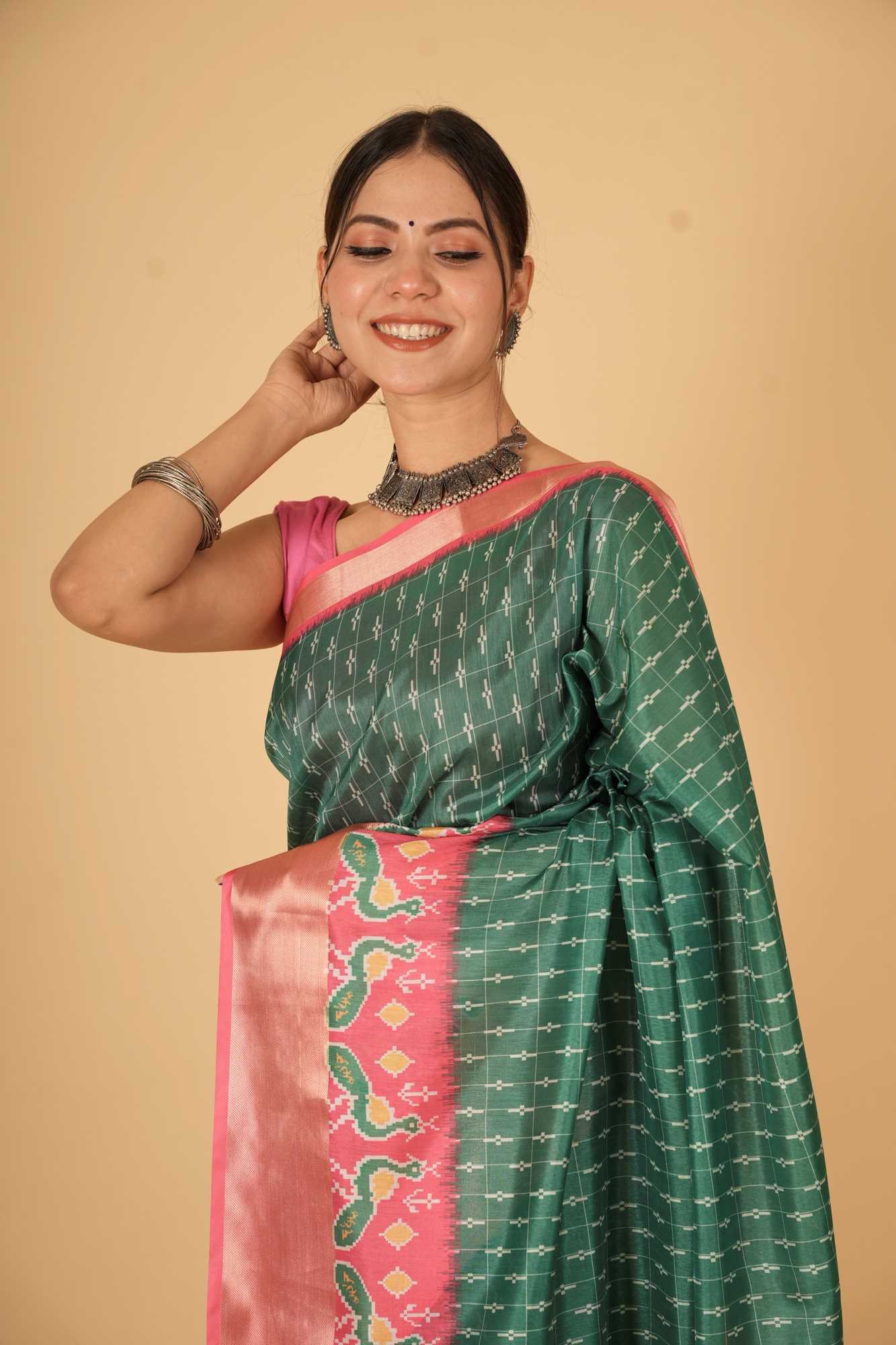 Vibrant Green and Pink inpired Silk with Geometric and Floral Patterns Ready To Wear Saree