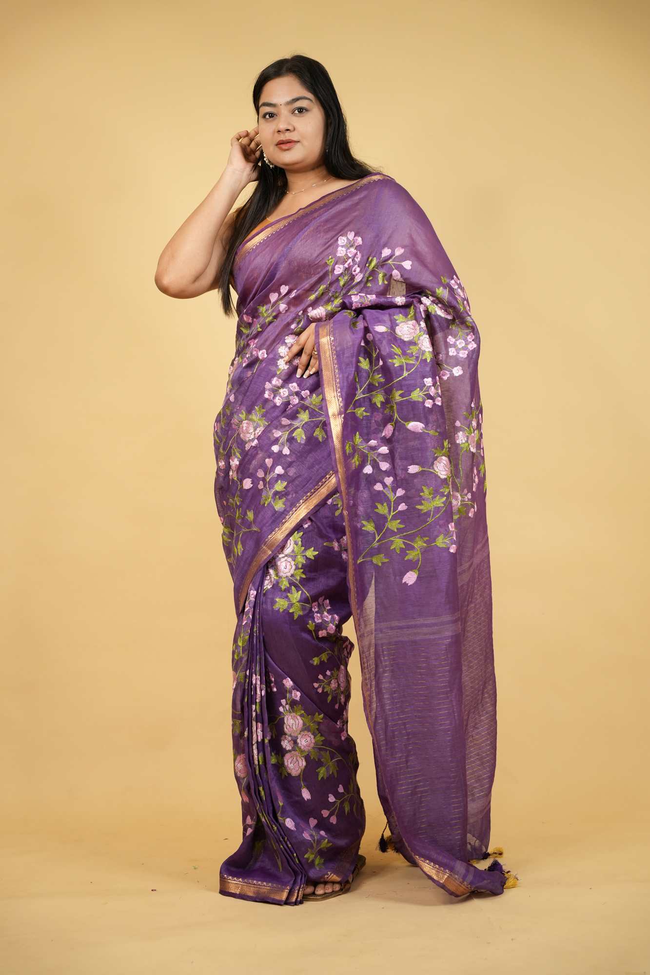 Linen Silk with Floral Embroidery & Golden Mangalgiri Zari Border Ready To Wear Saree