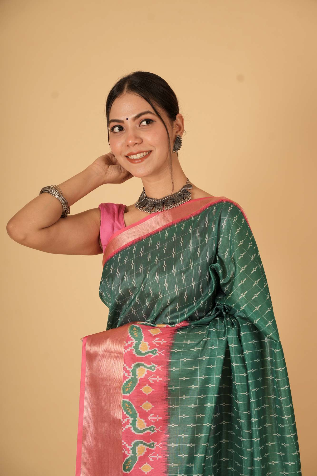 Vibrant Green and Pink inpired Silk with Geometric and Floral Patterns Ready To Wear Saree