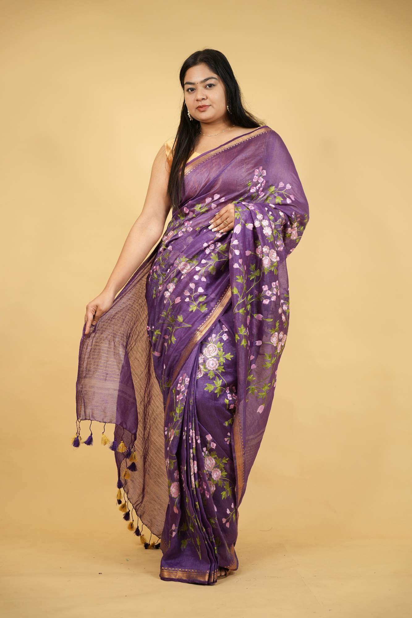Linen Silk with Floral Embroidery & Golden Mangalgiri Zari Border Ready To Wear Saree