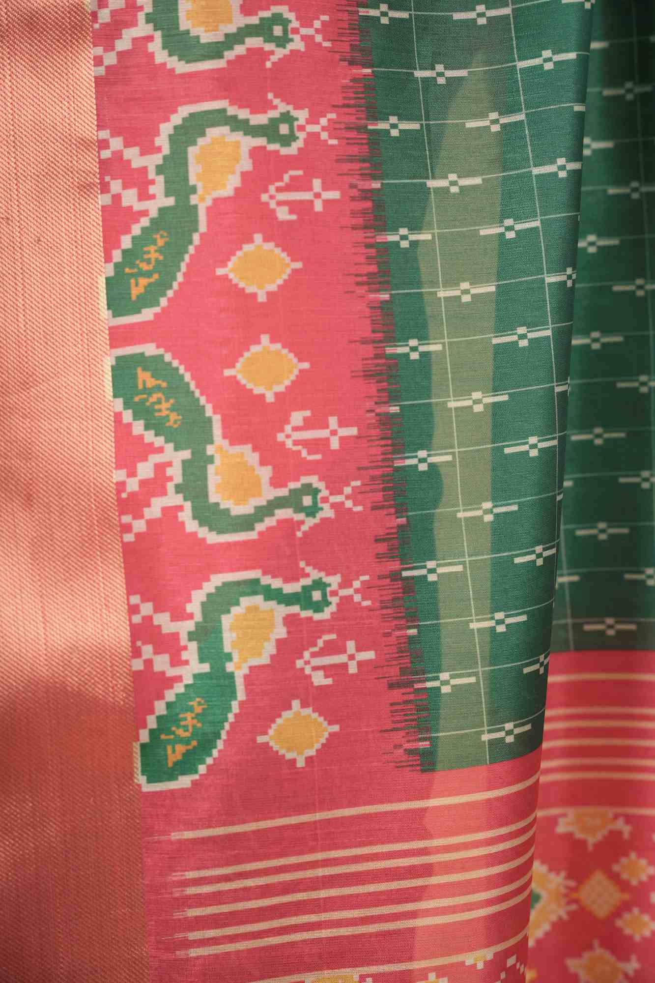 Vibrant Green and Pink inpired Silk with Geometric and Floral Patterns Ready To Wear Saree