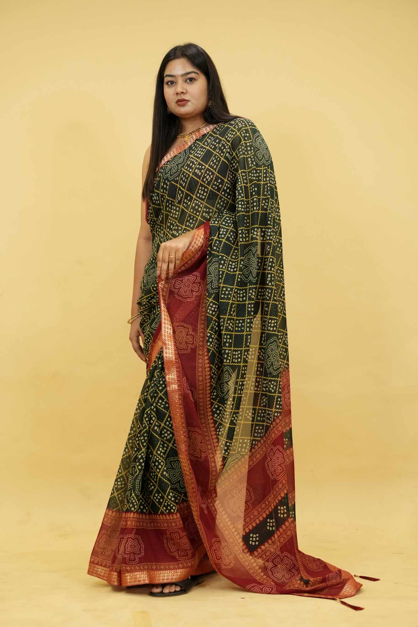 Dark Green Bandhani Print Georgette with Zari Border Ready To Wear Saree