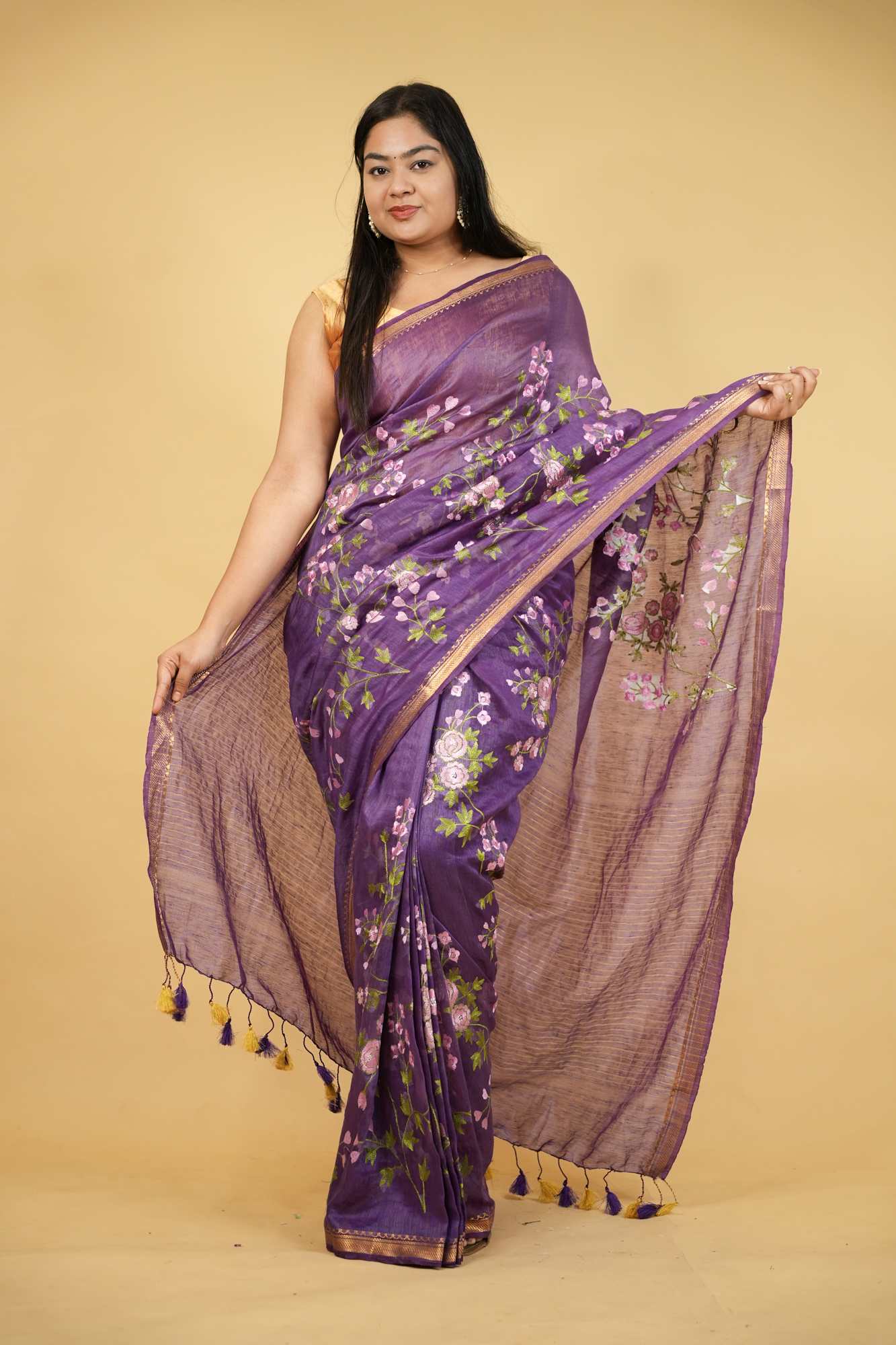 Linen Silk with Floral Embroidery & Golden Mangalgiri Zari Border Ready To Wear Saree