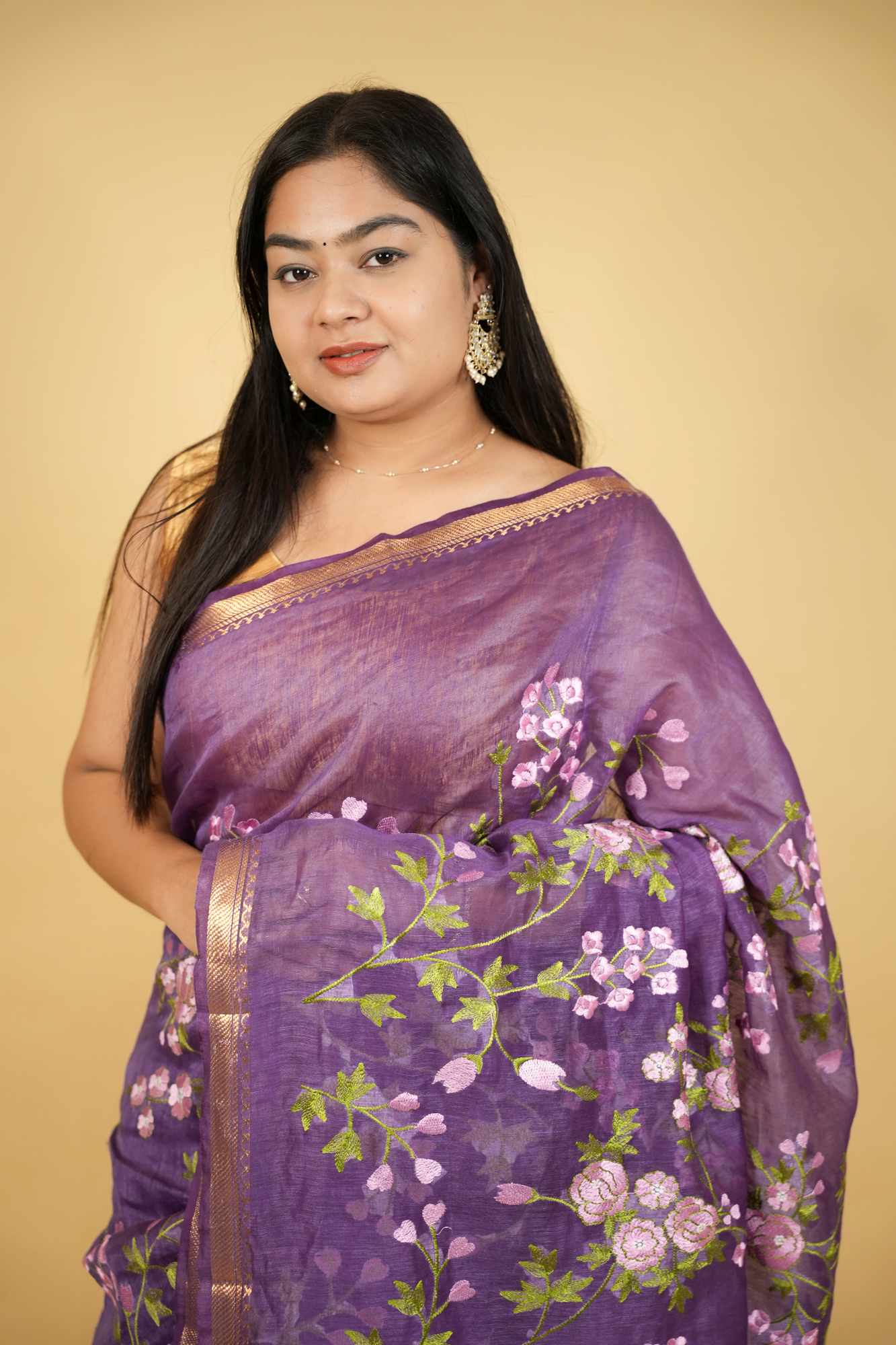 Linen Silk with Floral Embroidery & Golden Mangalgiri Zari Border Ready To Wear Saree