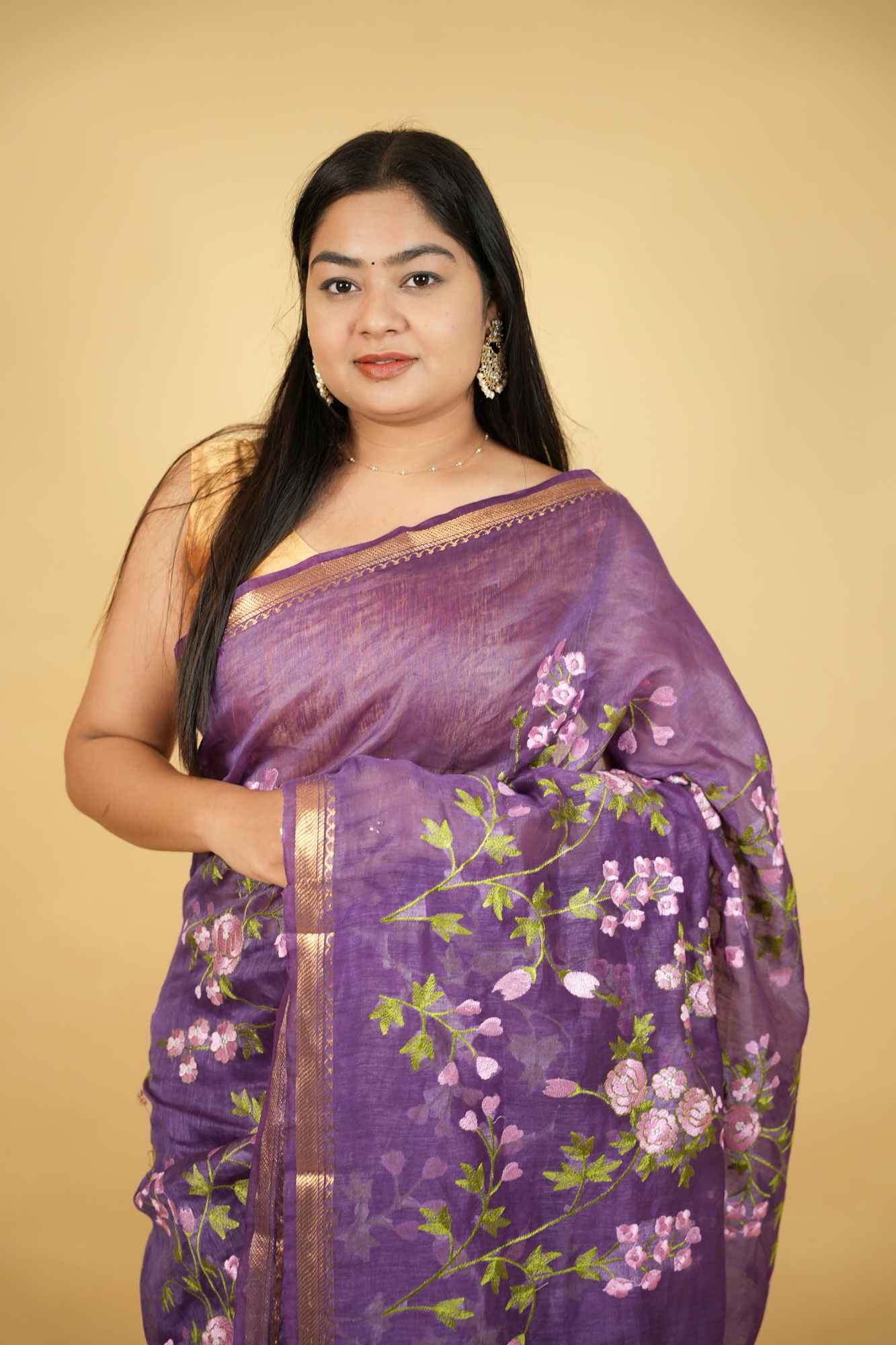 Linen Silk with Floral Embroidery & Golden Mangalgiri Zari Border Ready To Wear Saree