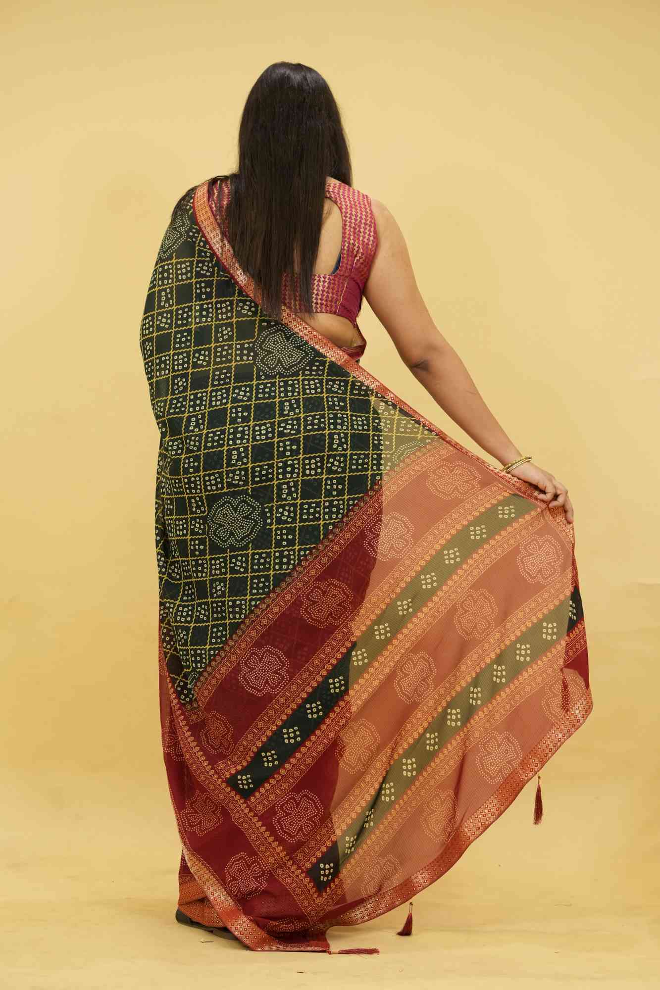 Dark Green Bandhani Print Georgette with Zari Border Ready To Wear Saree