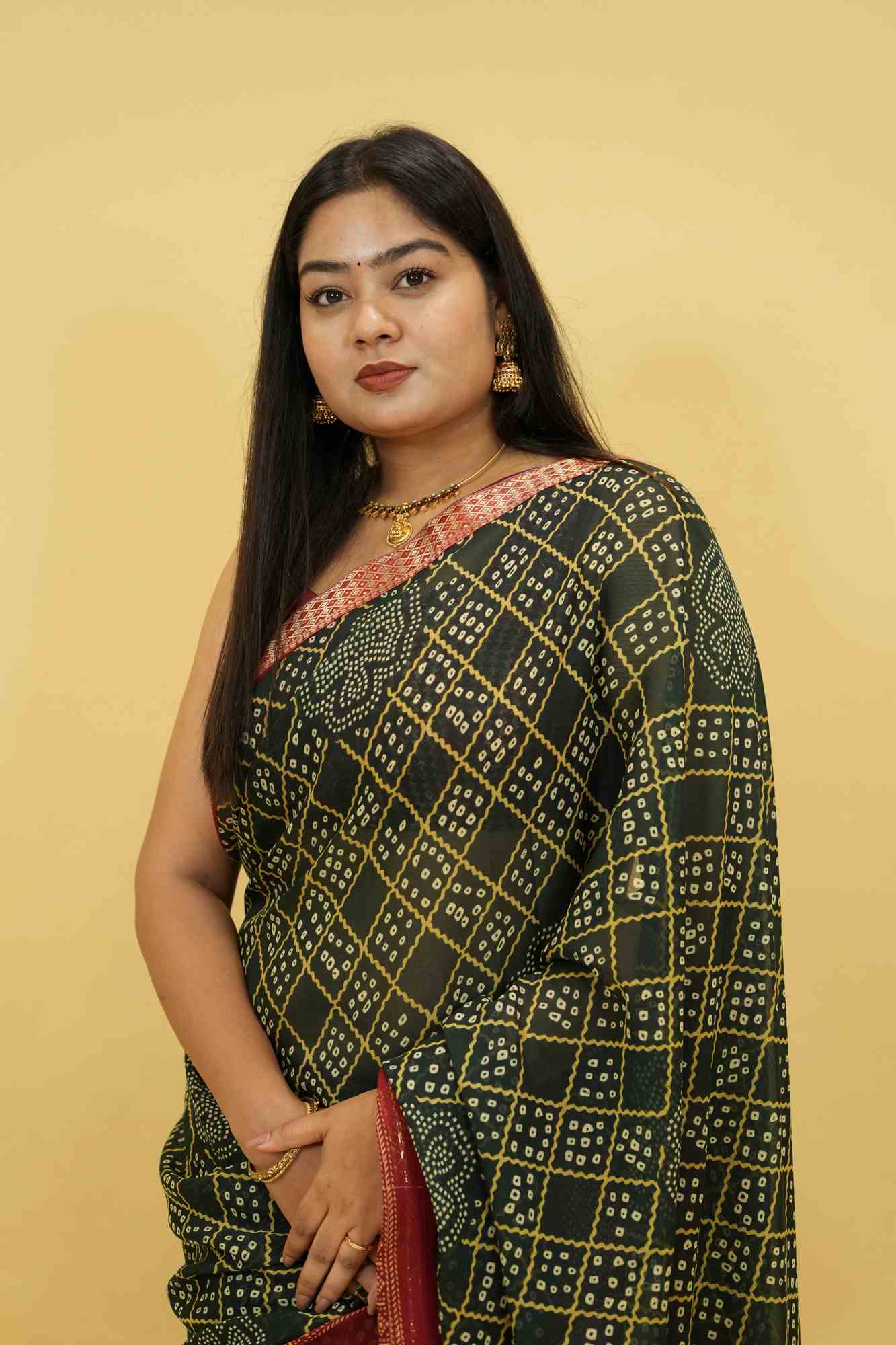 Dark Green Bandhani Print Georgette with Zari Border Ready To Wear Saree