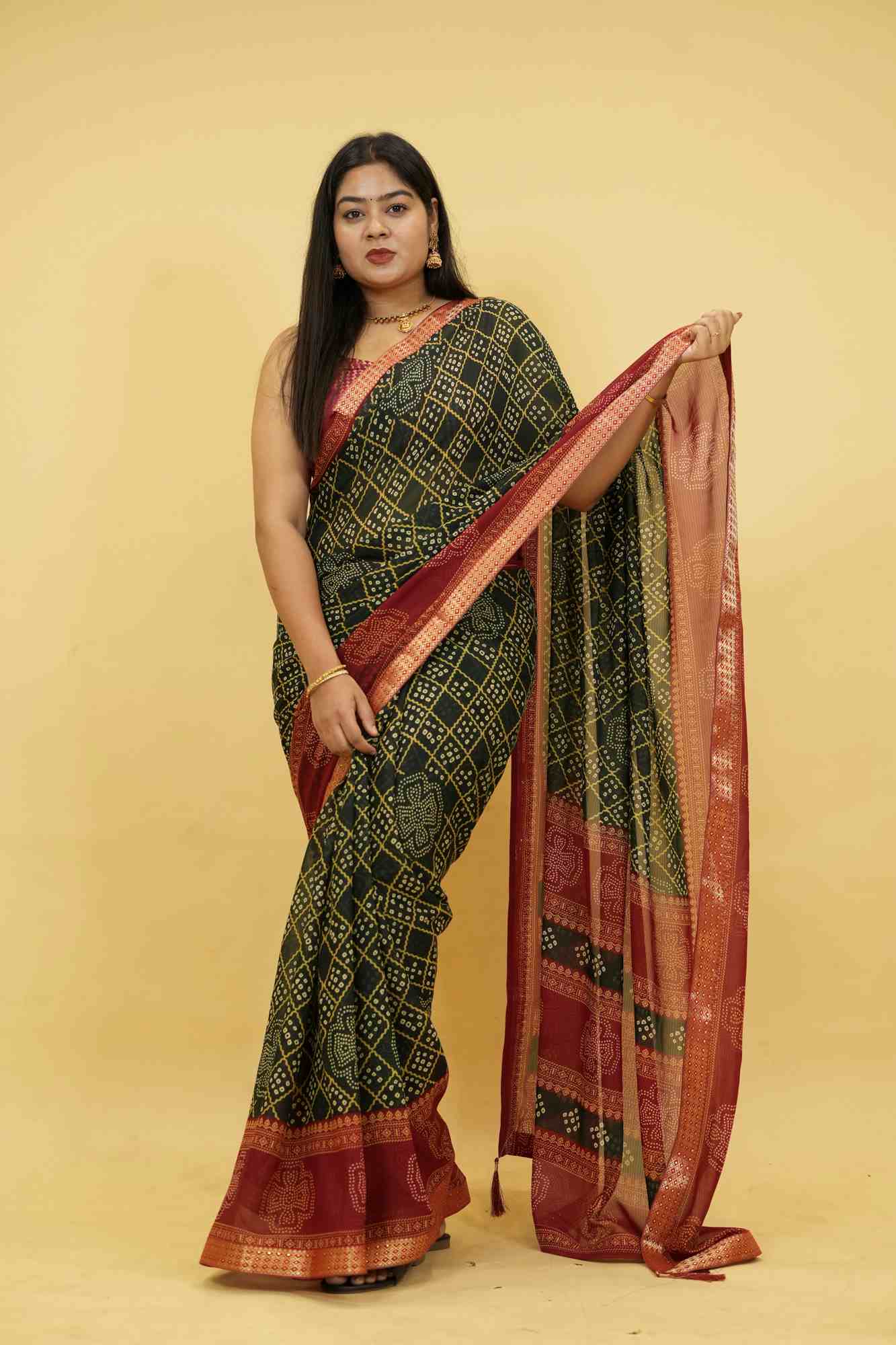 Dark Green Bandhani Print Georgette with Zari Border Ready To Wear Saree