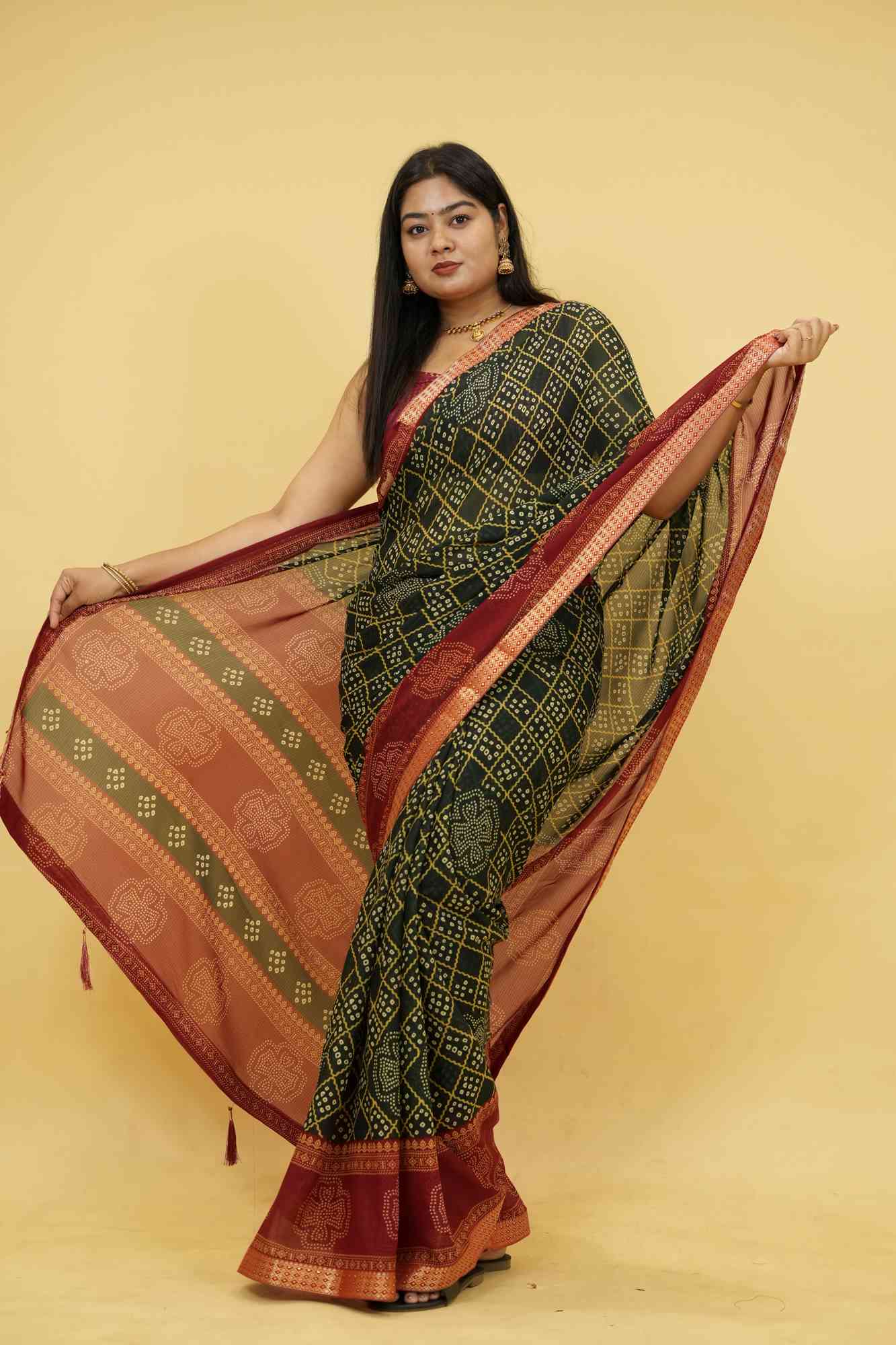 Dark Green Bandhani Print Georgette with Zari Border Ready To Wear Saree