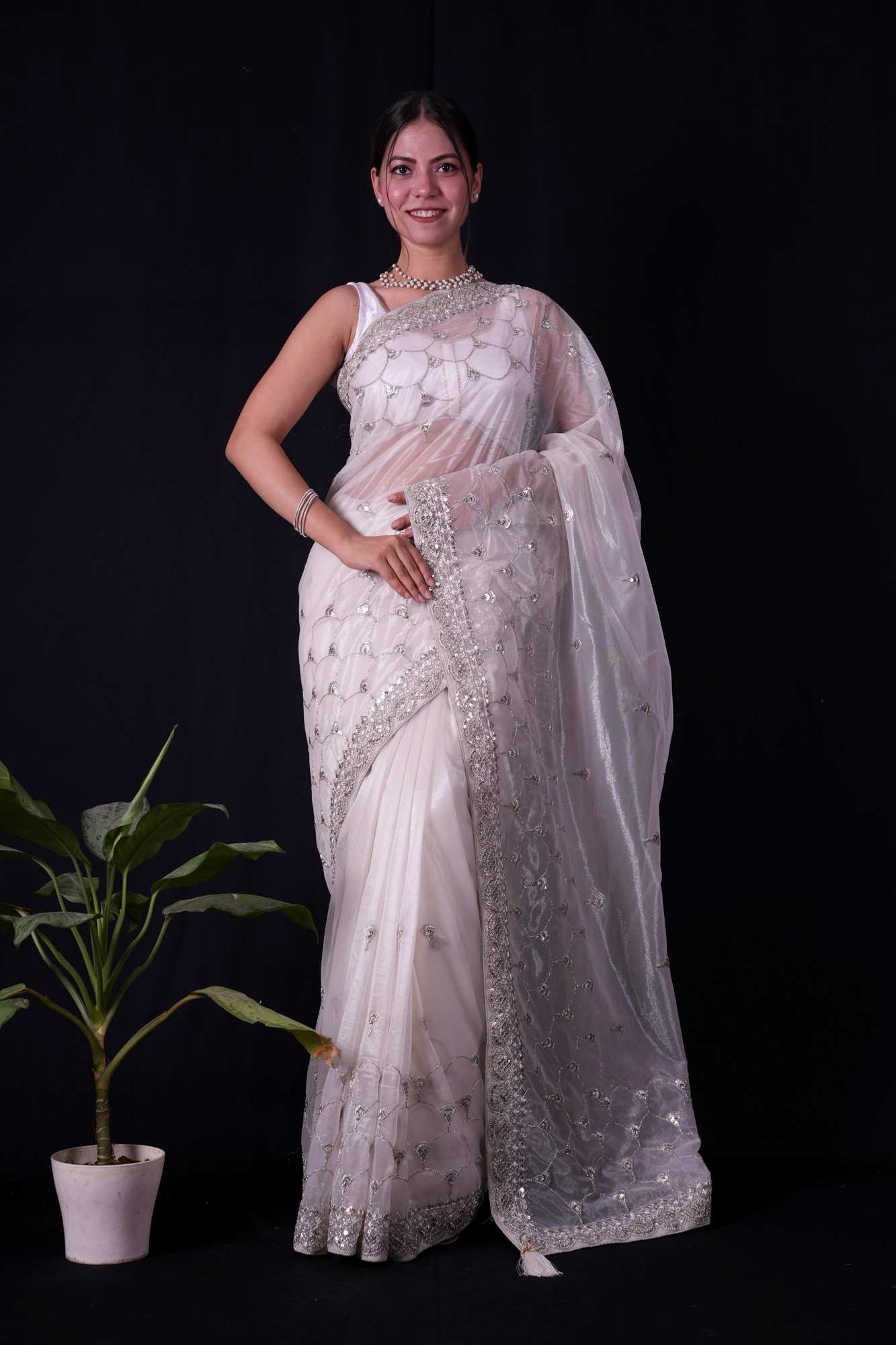 White Net with Silver Sequin Scalloped Embellishments & Shimmering Trim Ready To Wear Saree