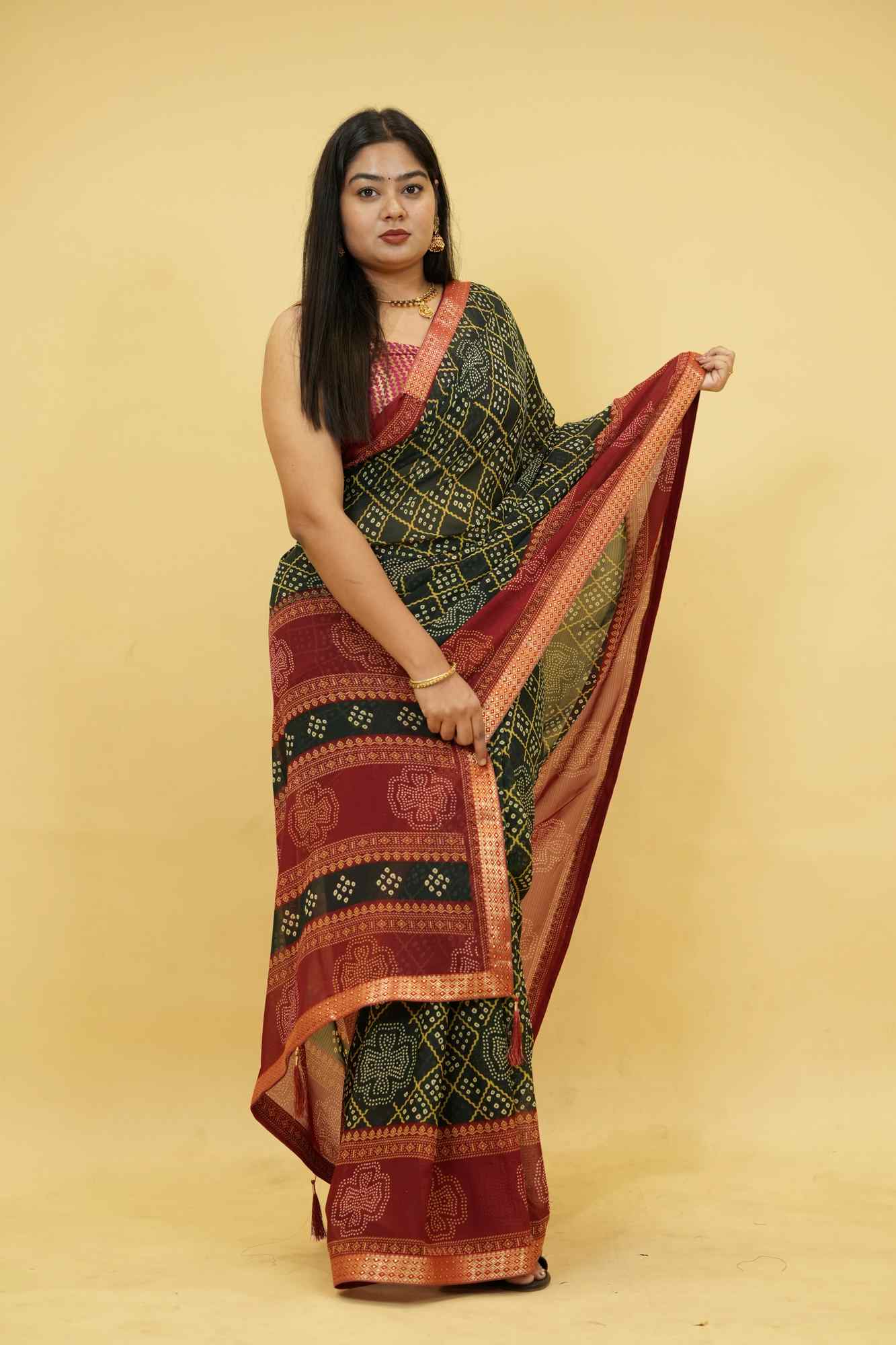 Dark Green Bandhani Print Georgette with Zari Border Ready To Wear Saree