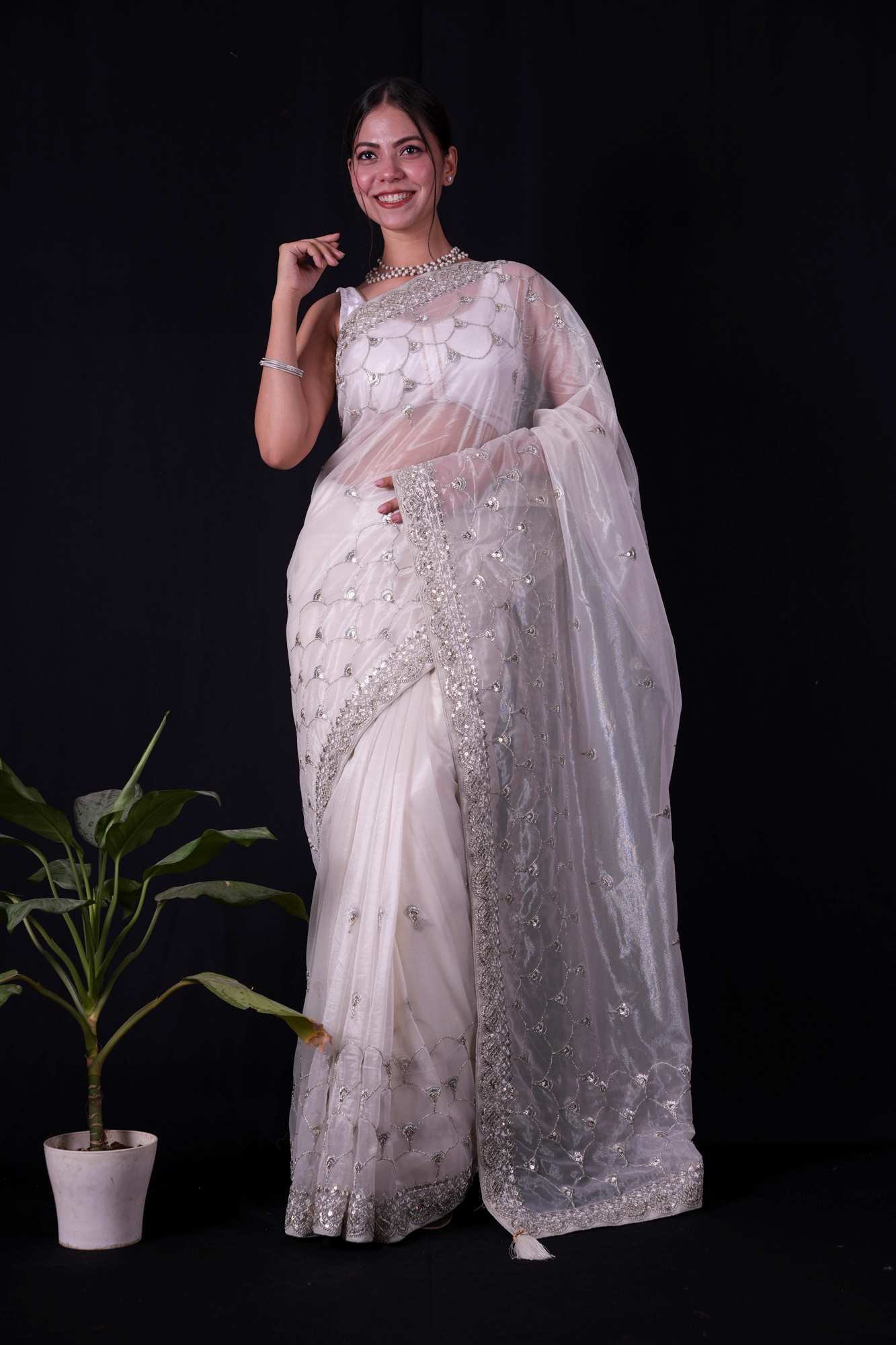 White Net with Silver Sequin Scalloped Embellishments & Shimmering Trim Ready To Wear Saree