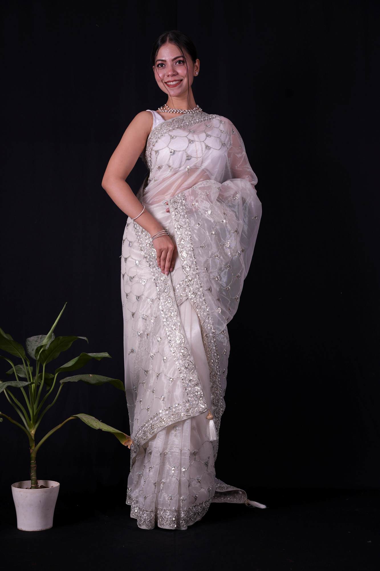 White Net with Silver Sequin Scalloped Embellishments & Shimmering Trim Ready To Wear Saree