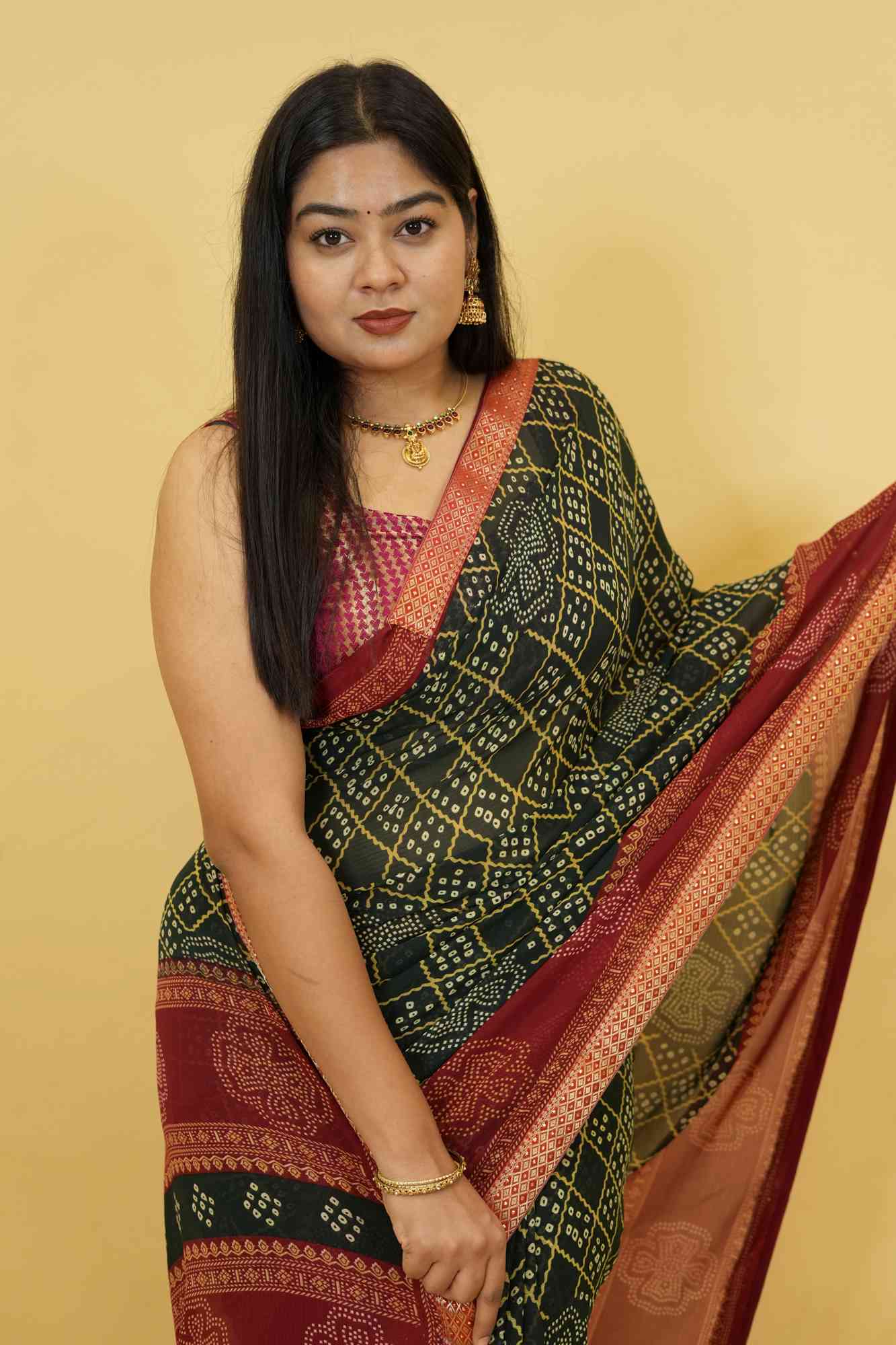 Dark Green Bandhani Print Georgette with Zari Border Ready To Wear Saree