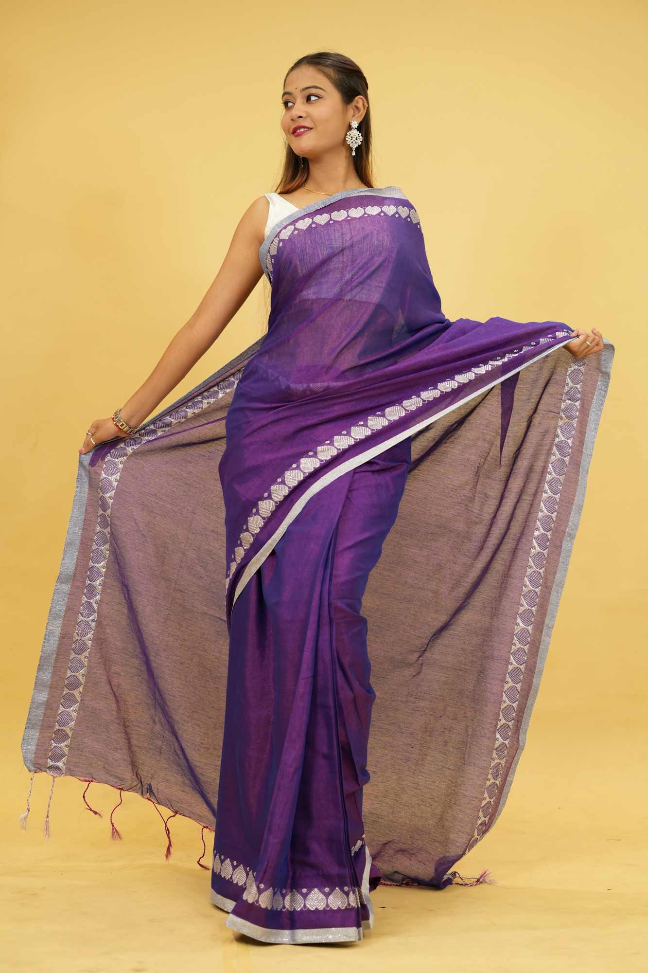 Stylish Tissue Cotton Silk with Heart Weave Border & Dhoop Chaanv Ready To Wear Saree