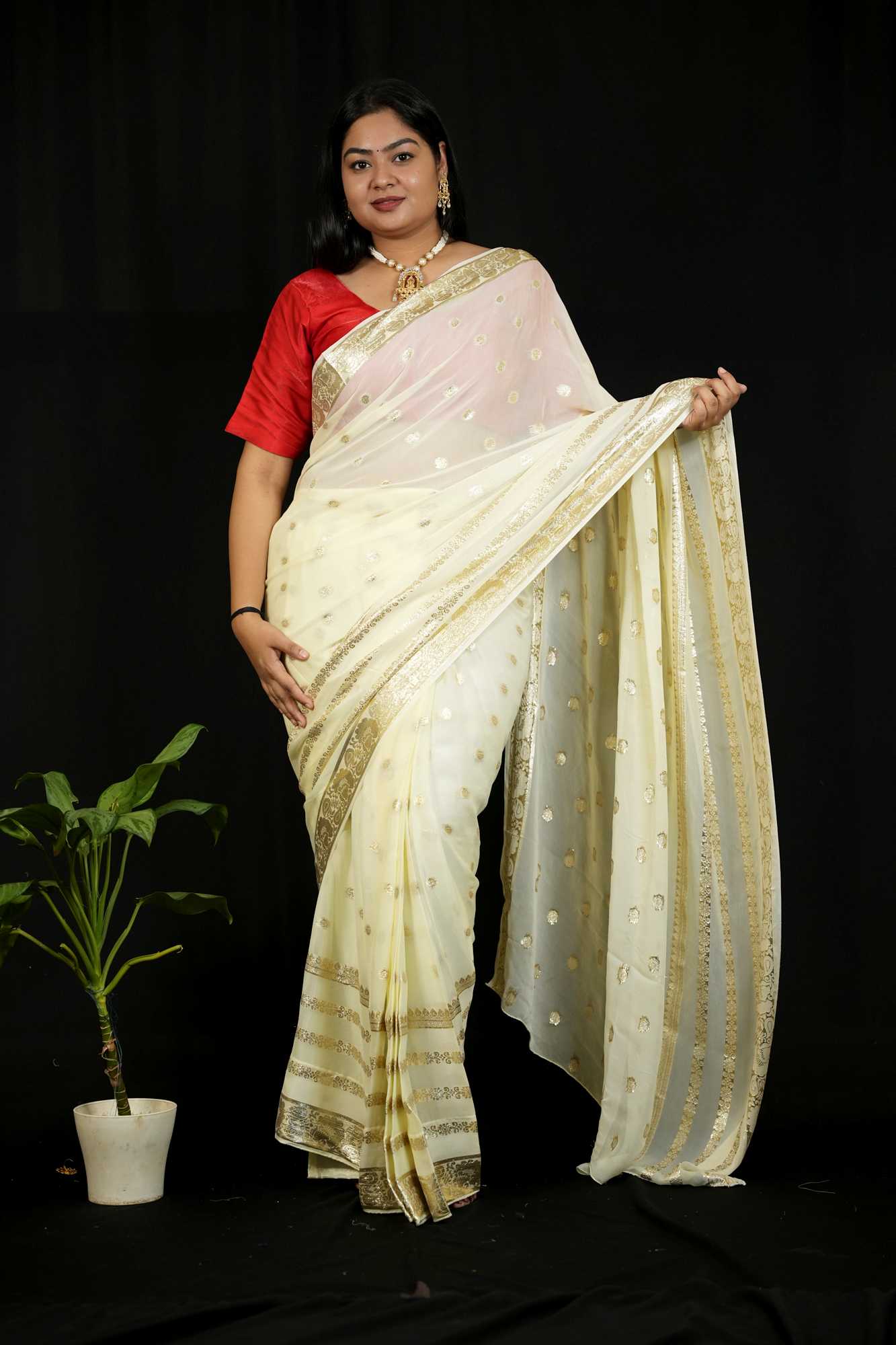 Georgette in Off-White with Gold/Silver Butti and Zari Border Ready To Wear Saree