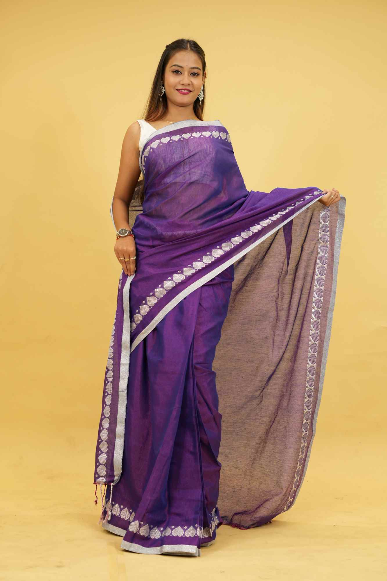 Stylish Tissue Cotton Silk with Heart Weave Border & Dhoop Chaanv Ready To Wear Saree