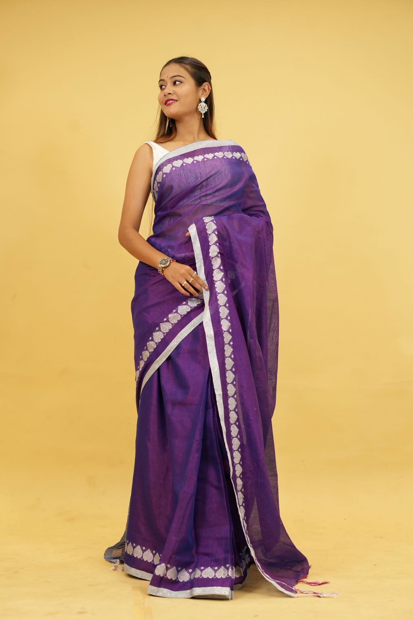 Stylish Tissue Cotton Silk with Heart Weave Border & Dhoop Chaanv Ready To Wear Saree
