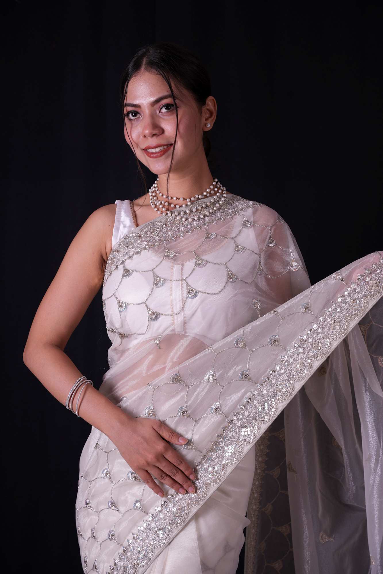 White Net with Silver Sequin Scalloped Embellishments & Shimmering Trim Ready To Wear Saree