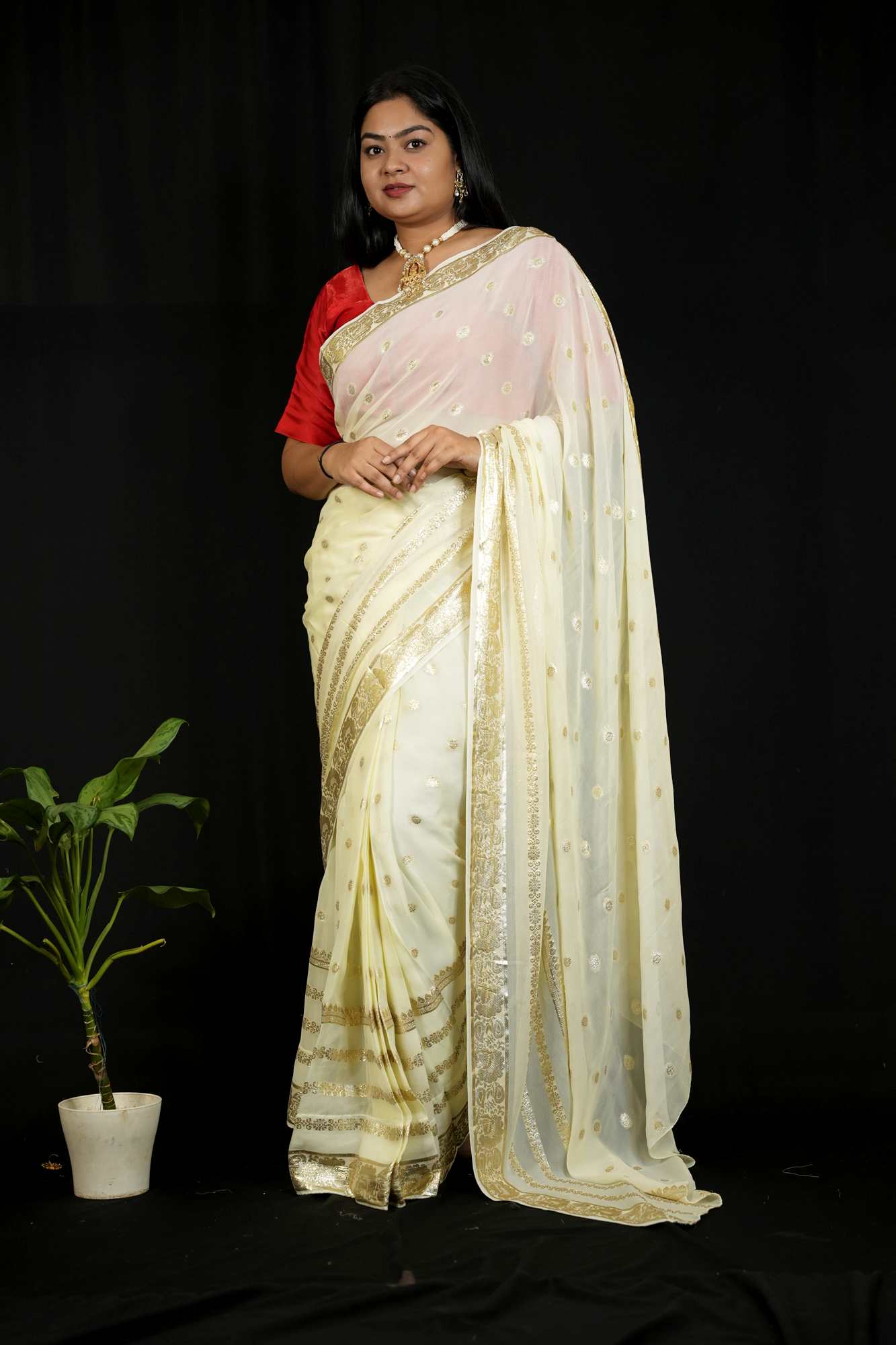 Georgette in Off-White with Gold/Silver Butti and Zari Border Ready To Wear Saree
