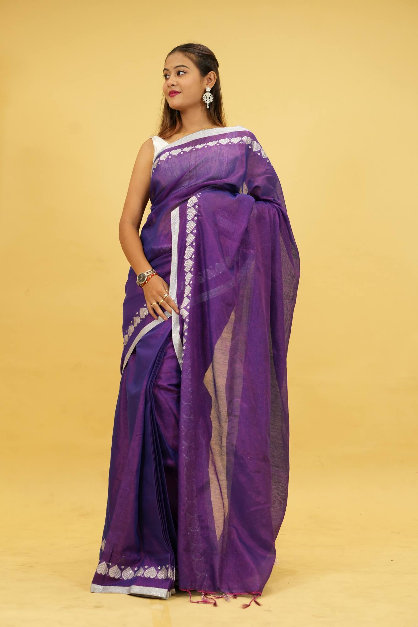 Stylish Tissue Cotton Silk with Heart Weave Border & Dhoop Chaanv Ready To Wear Saree