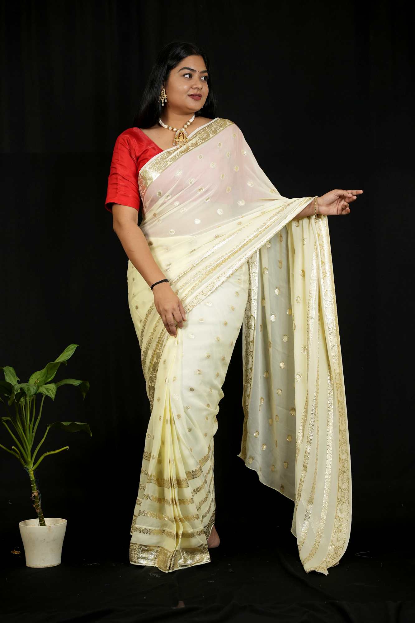 Georgette in Off-White with Gold/Silver Butti and Zari Border Ready To Wear Saree