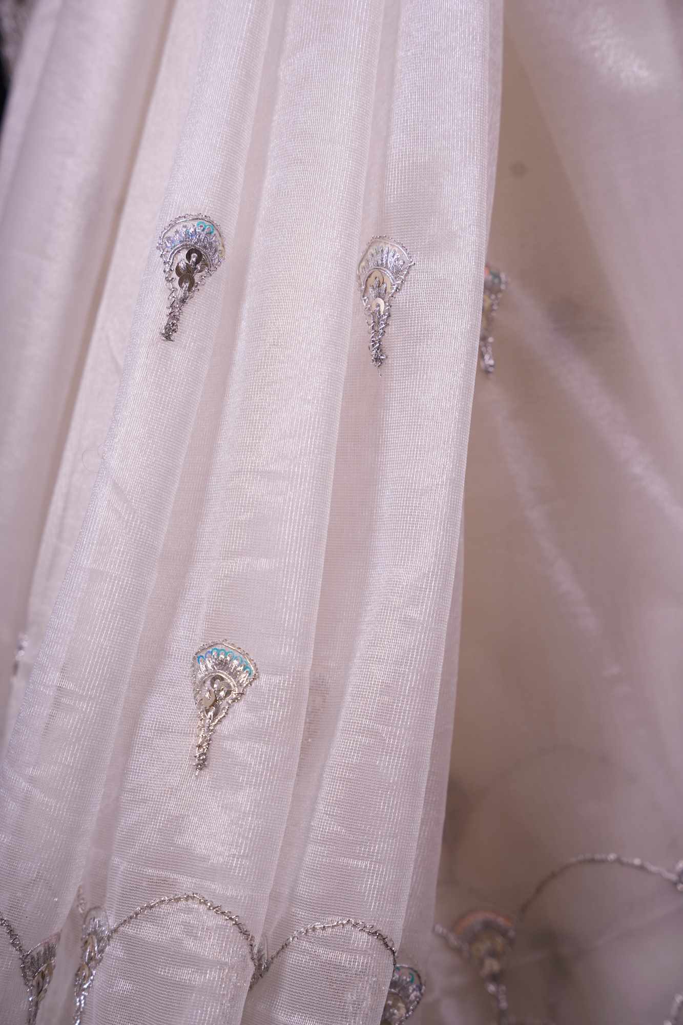 White Net with Silver Sequin Scalloped Embellishments & Shimmering Trim Ready To Wear Saree