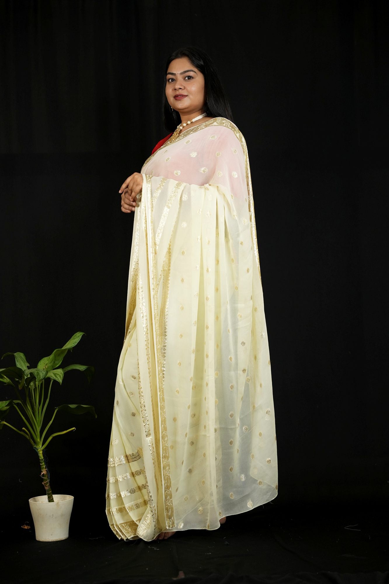 Georgette in Off-White with Gold/Silver Butti and Zari Border Ready To Wear Saree