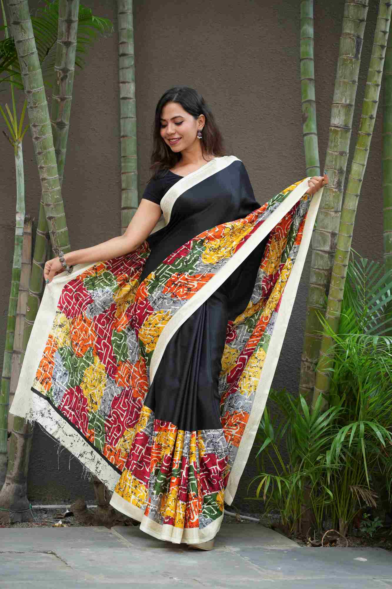 Gorgeous New Black Pashmina Inspired Saree with Soft Texture & Zari Pattu Woven Border Wrap in 1 Minute Saree