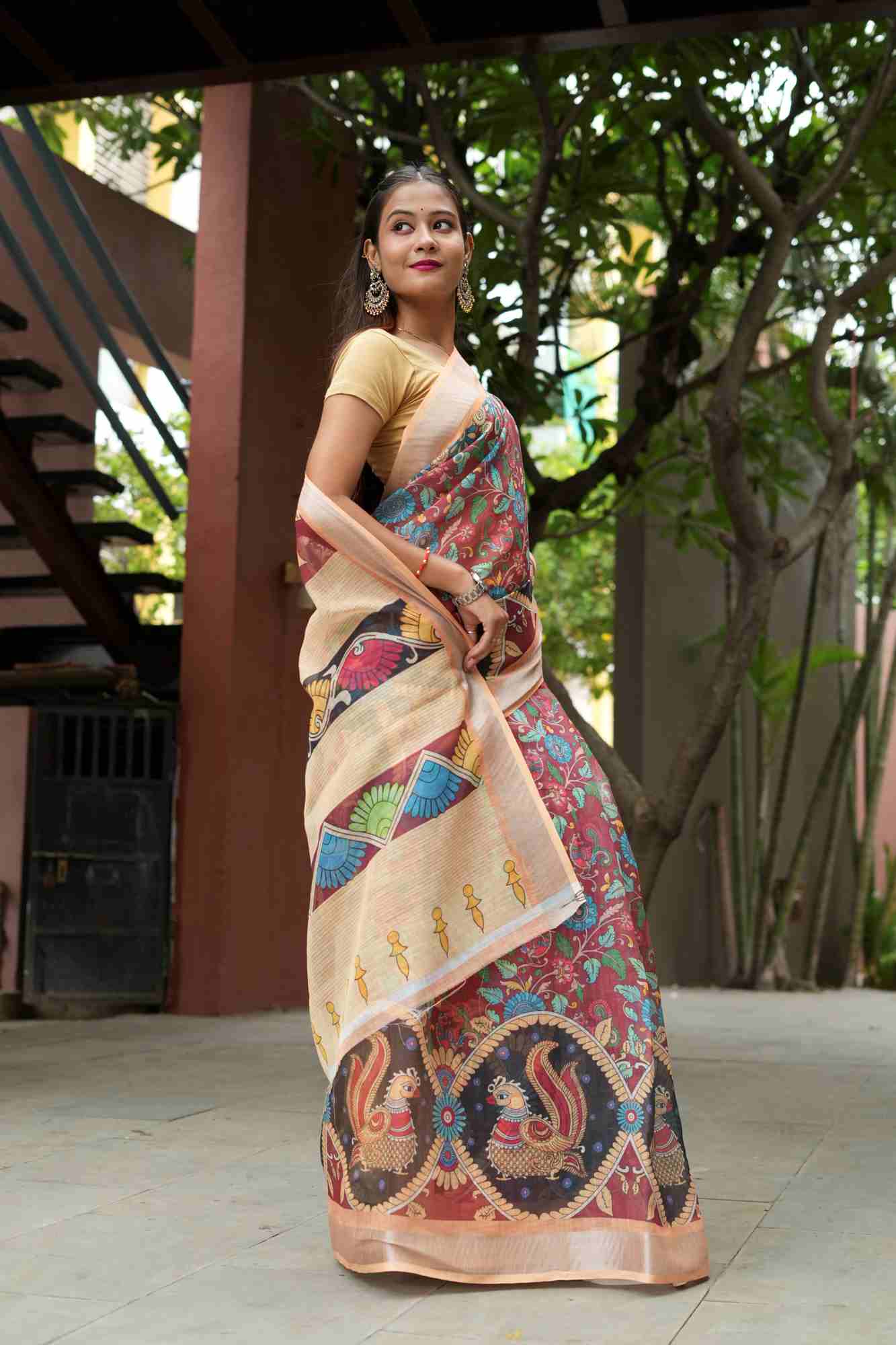 Kalamkari Cotton Silk with Peacock and Floral Motifs Ready To Wear Saree
