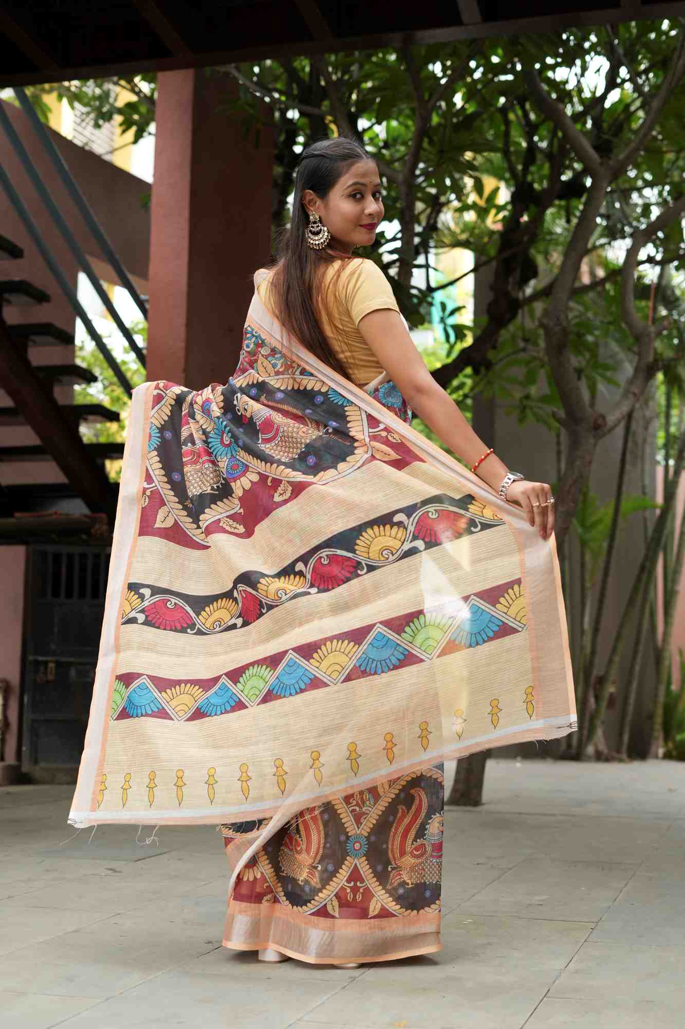 Kalamkari Cotton Silk with Peacock and Floral Motifs Ready To Wear Saree
