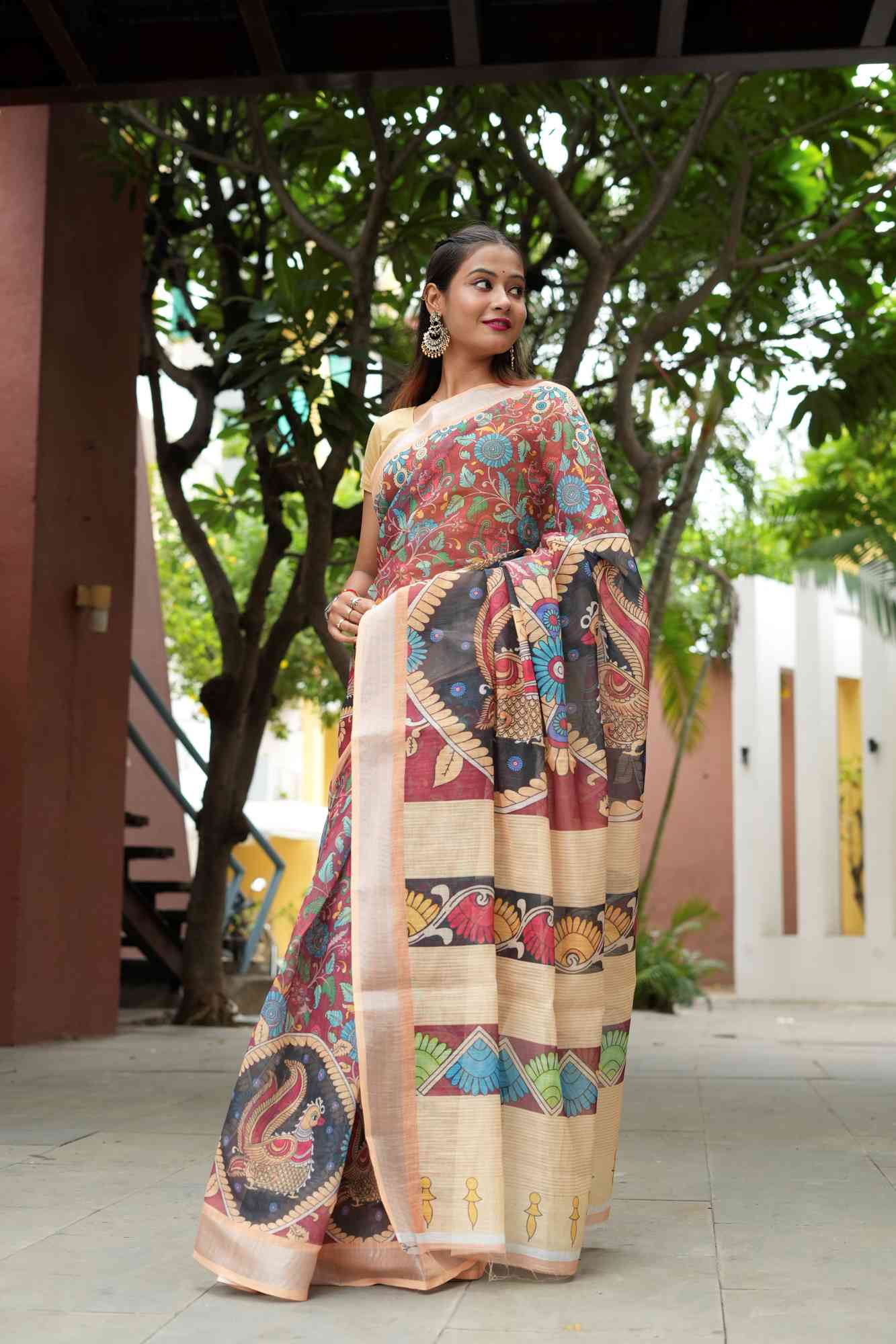 Kalamkari Cotton Silk with Peacock and Floral Motifs Ready To Wear Saree