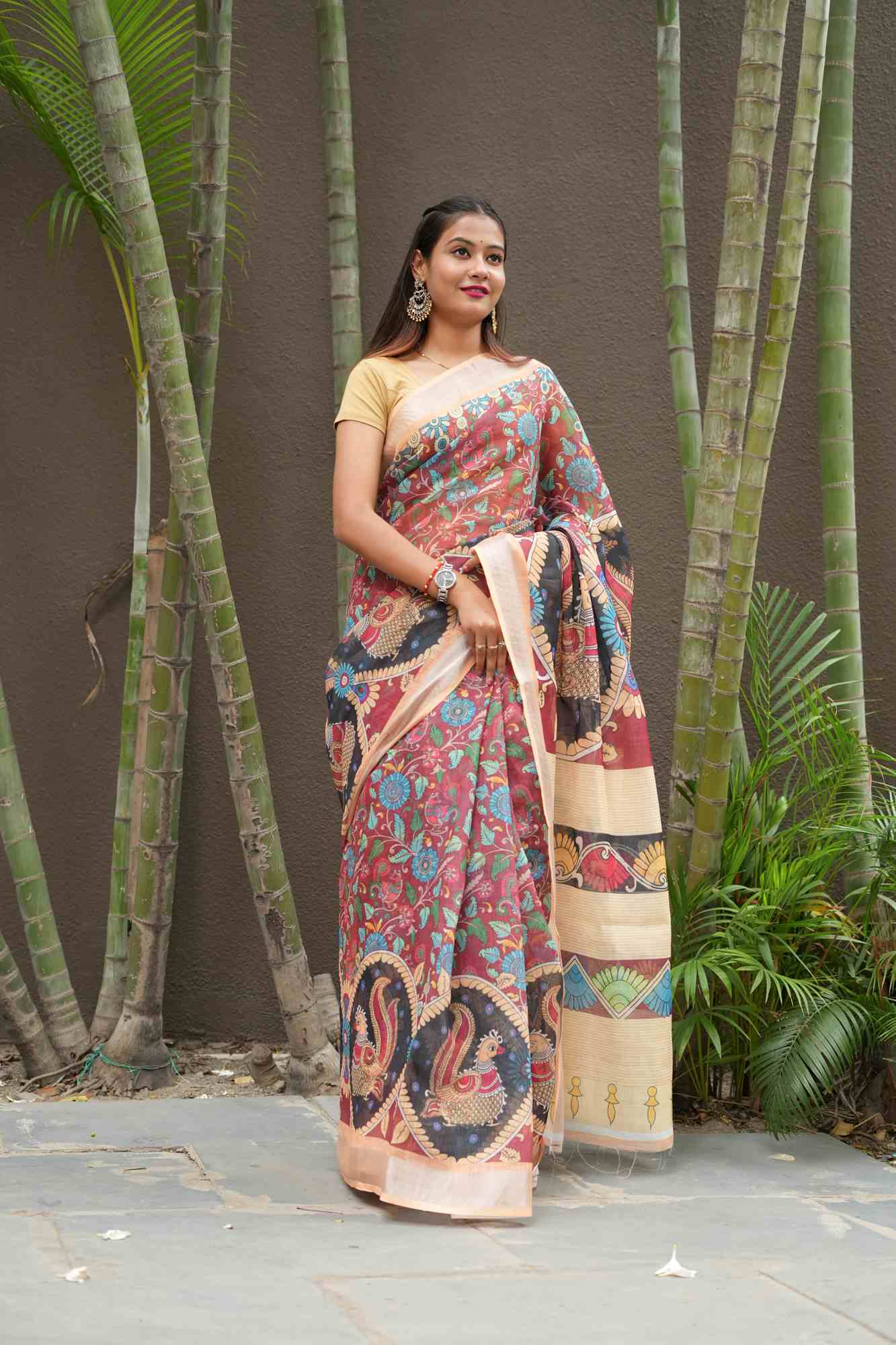 Kalamkari Cotton Silk with Peacock and Floral Motifs Ready To Wear Saree