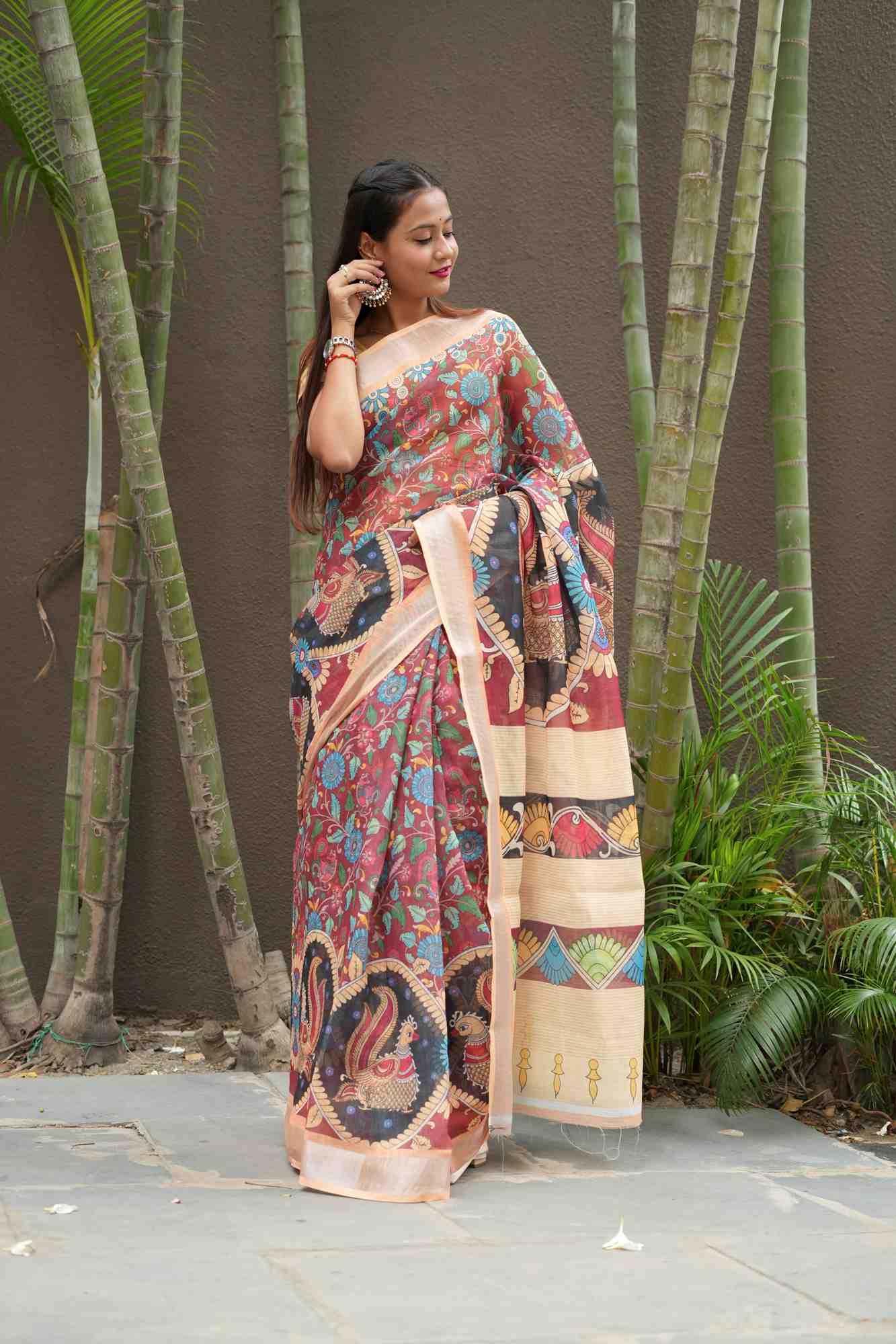 Kalamkari Cotton Silk with Peacock and Floral Motifs Ready To Wear Saree